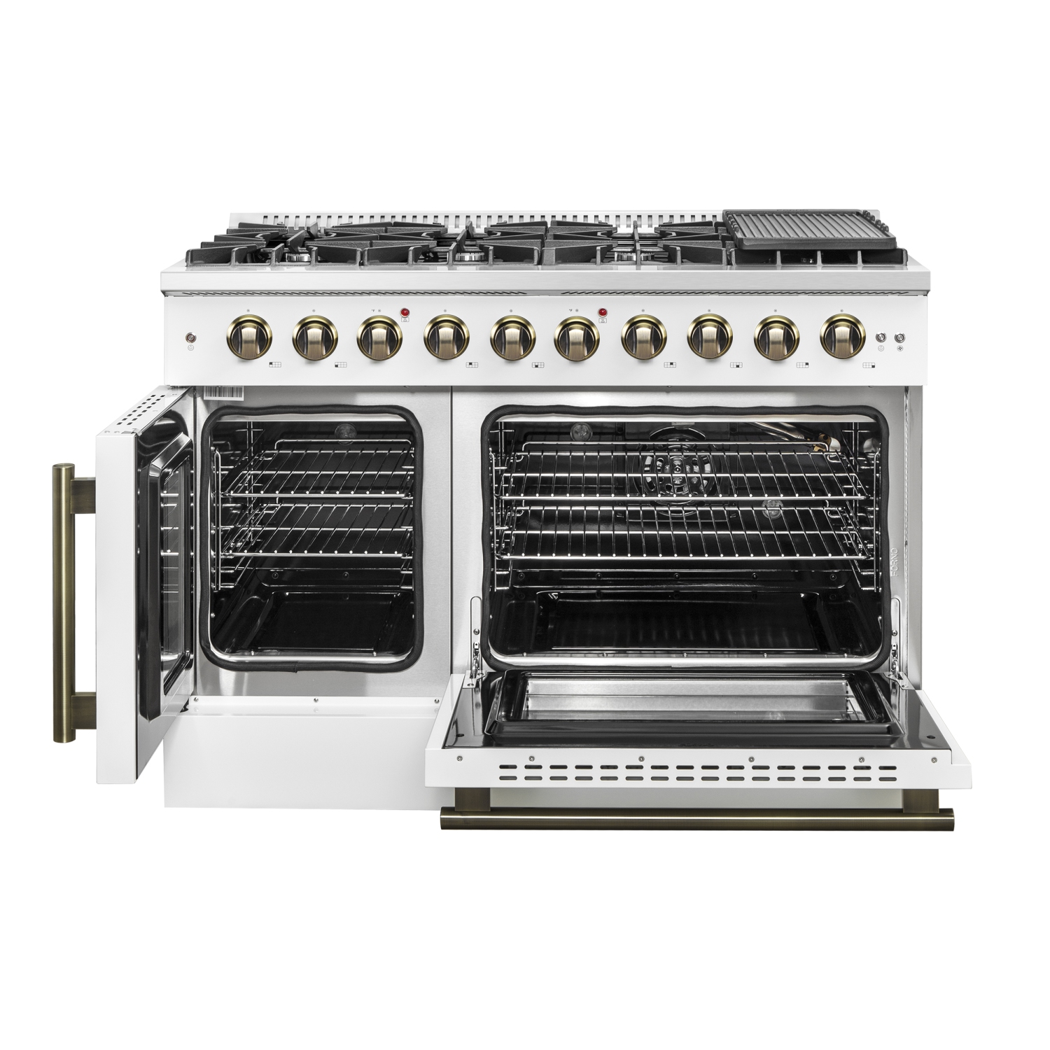 Forno Galiano 48-Inch Freestanding French Door Gas Range, White & Antique Brass