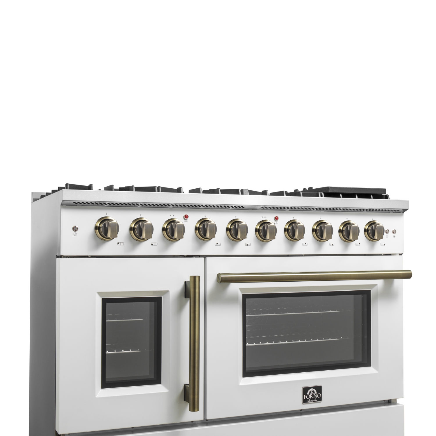 Forno Galiano 48-Inch Freestanding French Door Gas Range, White & Antique Brass