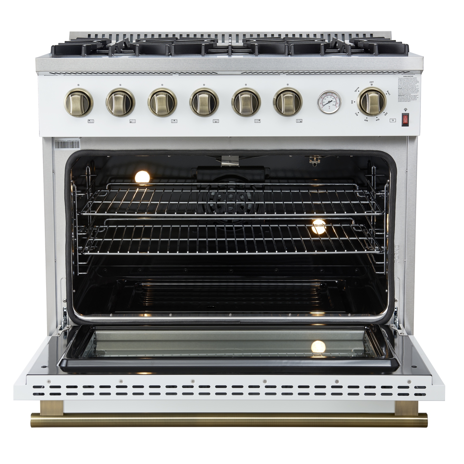 Marco 36-Inch Gas Range White & Antique Brass Design, 6 Burners 67,000 BTU, 5.36 cu.ft. Convection Oven