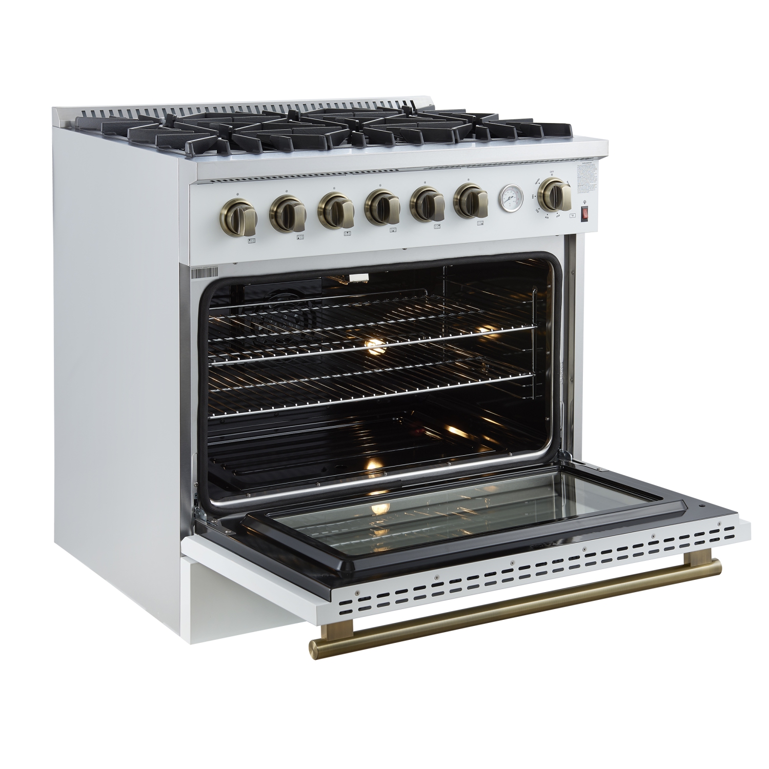 Marco 36-Inch Gas Range White & Antique Brass Design, 6 Burners 67,000 BTU, 5.36 cu.ft. Convection Oven