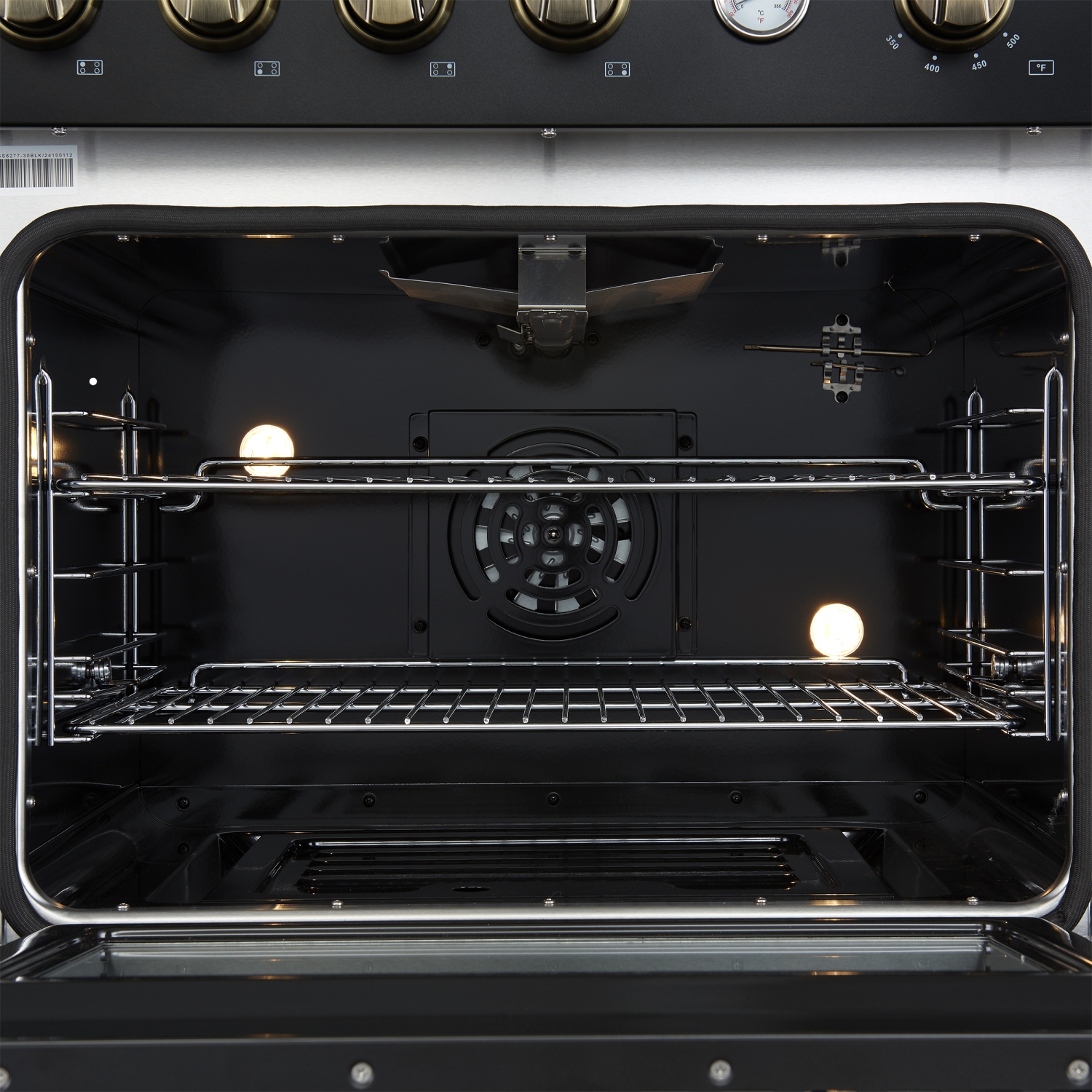 Marco 30-inch Gas Range Black & Antique Brass Design, 4 Burners 37,000 BTU, 4.32 cu.ft. Convection Oven