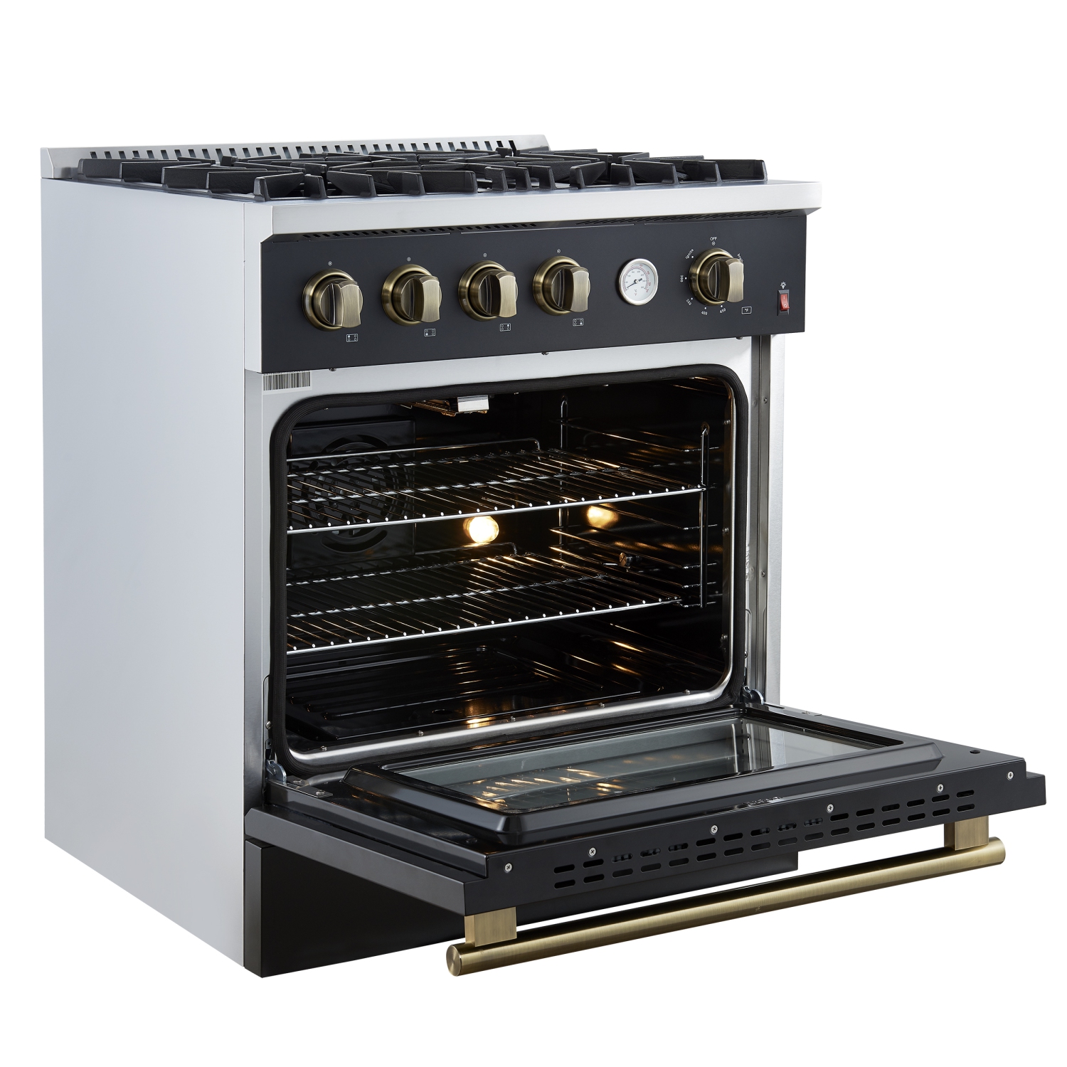 Marco 30-inch Gas Range Black & Antique Brass Design, 4 Burners 37,000 BTU, 4.32 cu.ft. Convection Oven