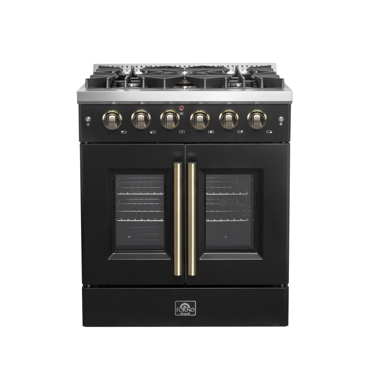 Forno Galiano 30-inch French Door Gas Range Black and Antique Brass Design, 5 Sealed Burners 68,000 BTU, 4.32 cu.ft. Convection Oven