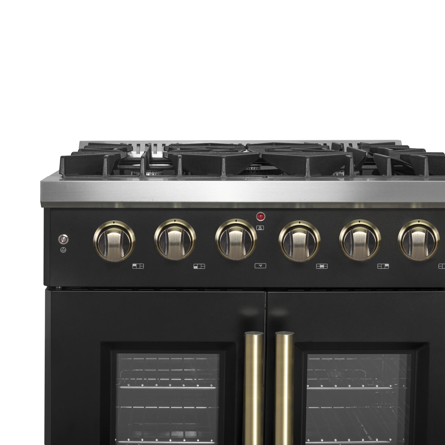 Forno Galiano 30-inch French Door Gas Range Black and Antique Brass Design, 5 Sealed Burners 68,000 BTU, 4.32 cu.ft. Convection Oven