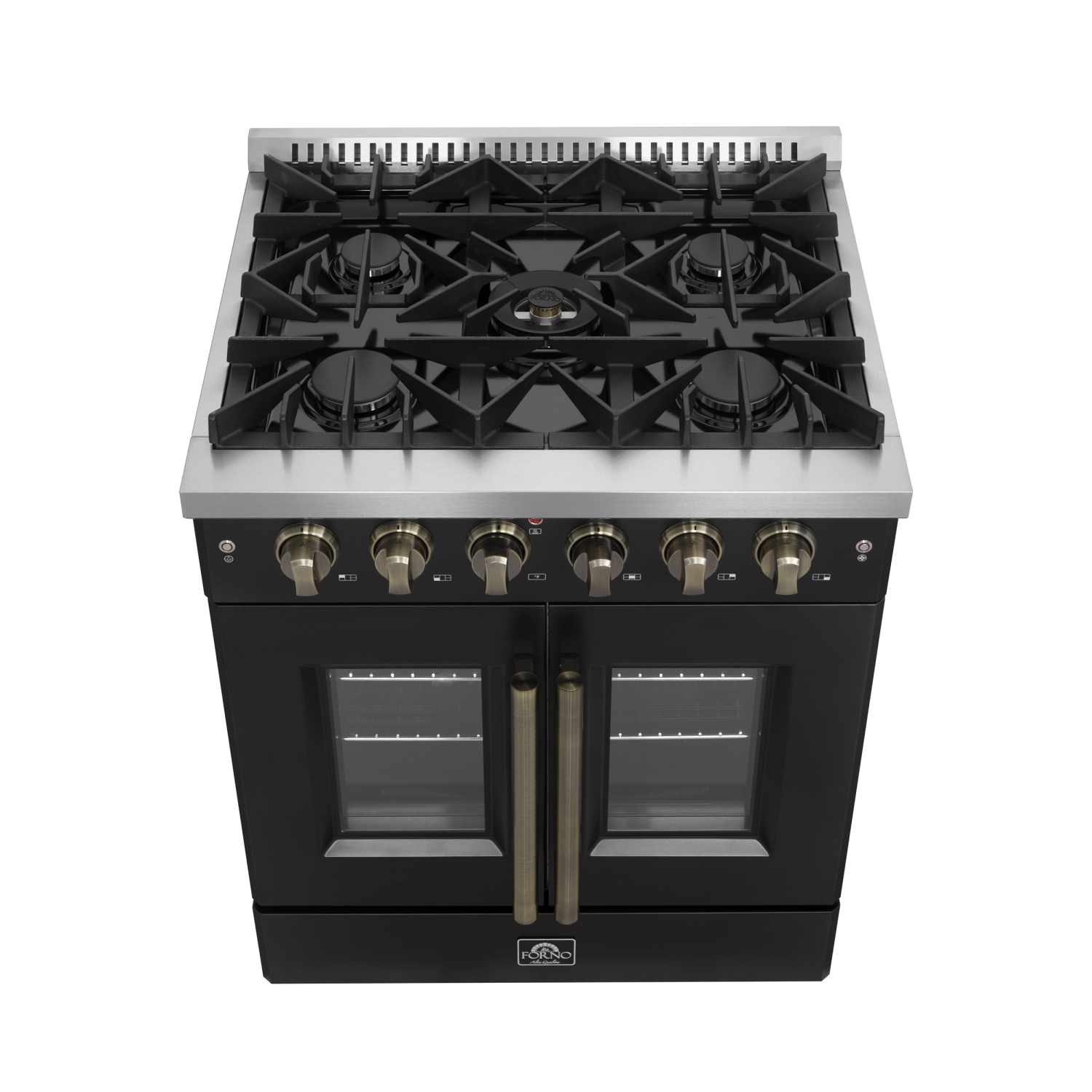 Forno Galiano 30-inch French Door Gas Range Black and Antique Brass Design, 5 Sealed Burners 68,000 BTU, 4.32 cu.ft. Convection Oven