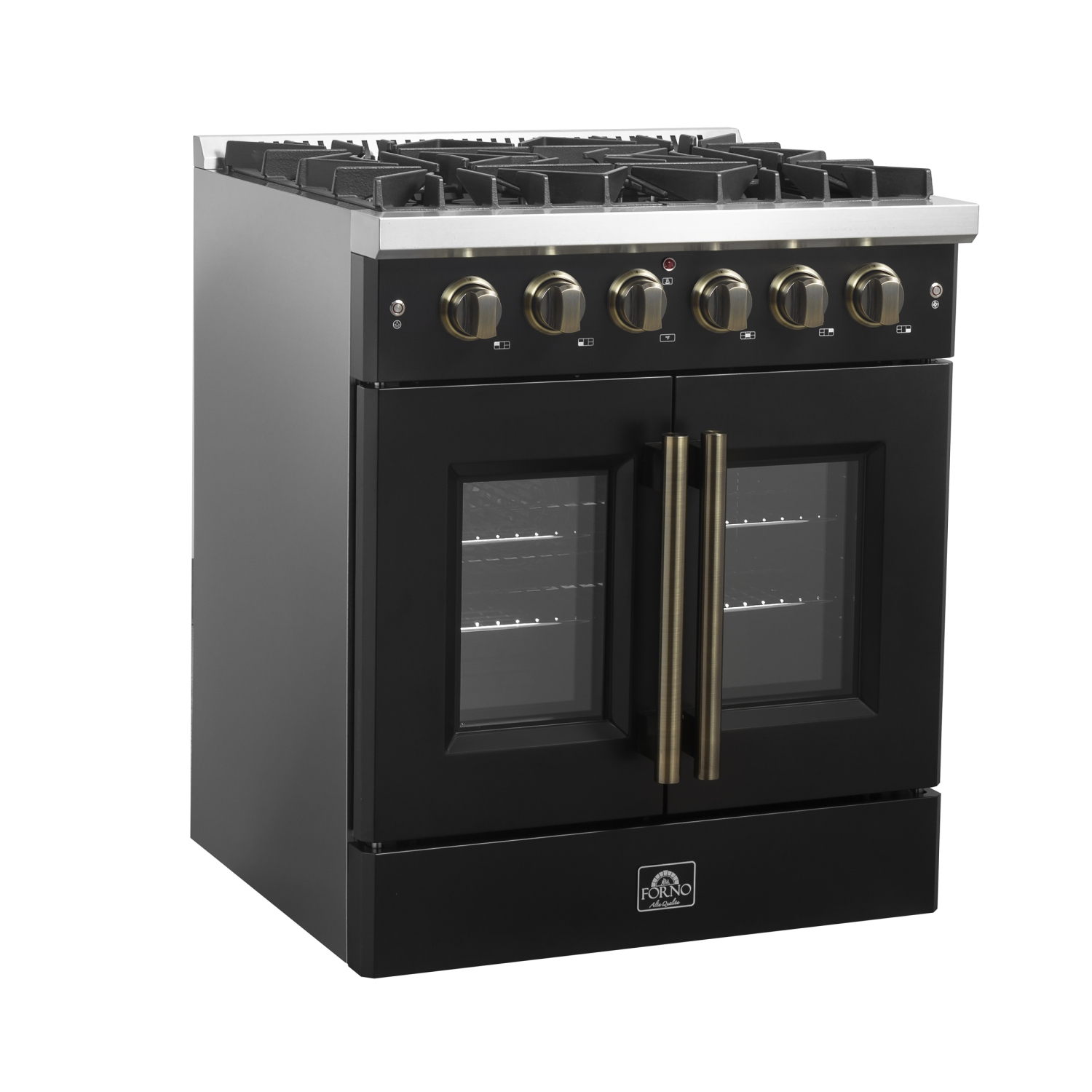 Forno Galiano 30-inch French Door Gas Range Black and Antique Brass Design, 5 Sealed Burners 68,000 BTU, 4.32 cu.ft. Convection Oven