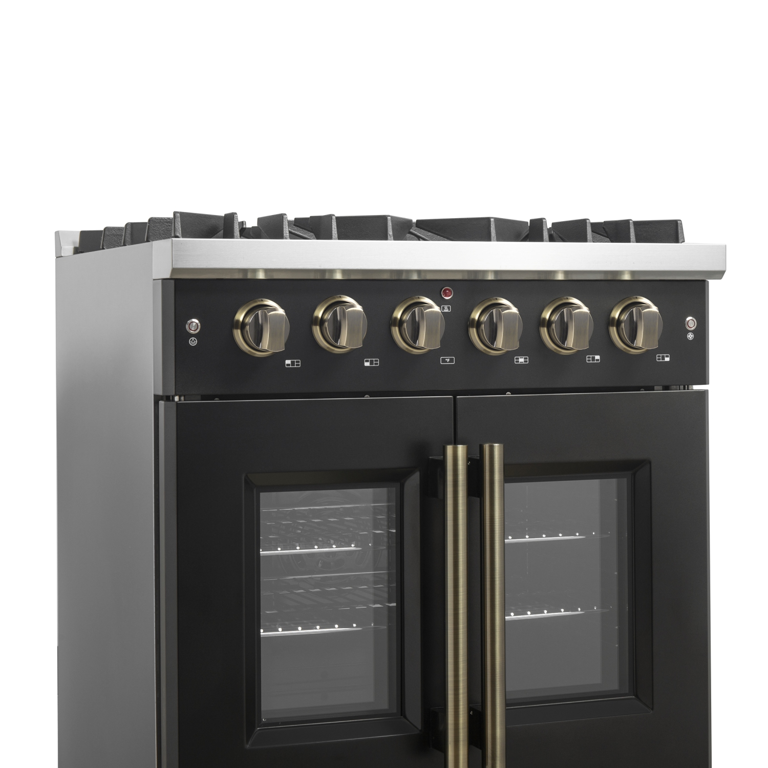 Forno Galiano 30-inch French Door Gas Range Black and Antique Brass Design, 5 Sealed Burners 68,000 BTU, 4.32 cu.ft. Convection Oven