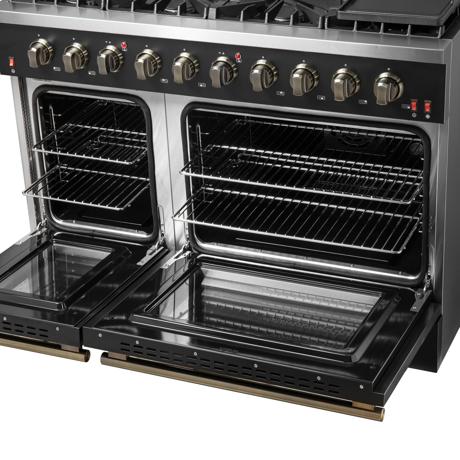 FORNO Galiano 48-inch Gas Range Black & Antique Brass Design, 8 Burners, 107,000 BTU, Griddle, 6.58 cu.ft. Double Ovens