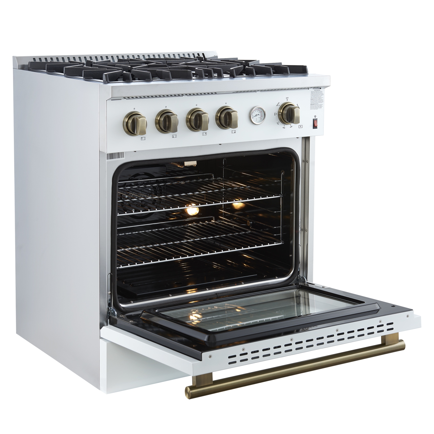 Marco 30-inch Gas Range White & Antique Brass Design, 4 Burners 37,000 BTU, 4.32 cu.ft. Convection Oven
