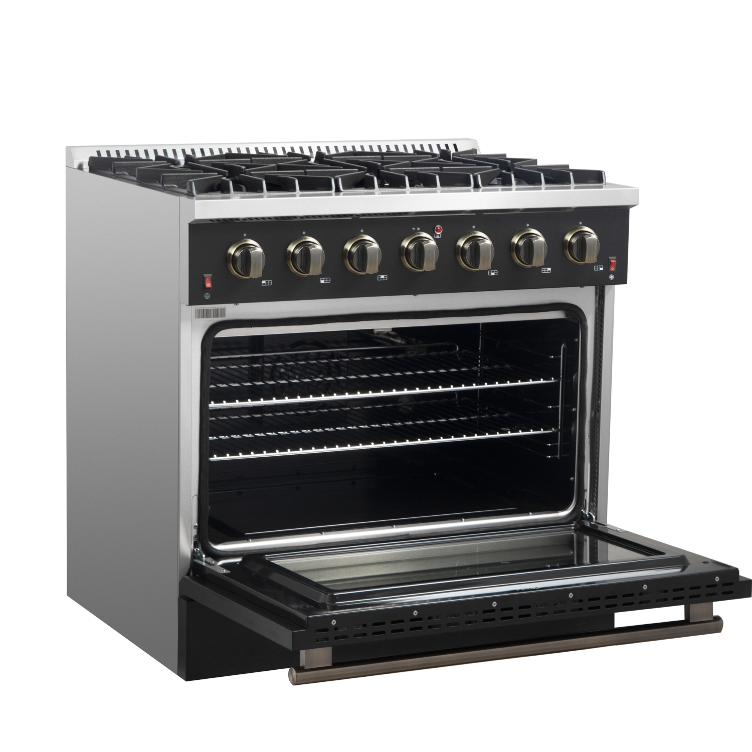 Forno Galiano 36-inch Freestanding Gas Range in Black with Antique Brass Design, 6 Burners, 83,000 BTU, 5.36 cu.ft. Convection Oven