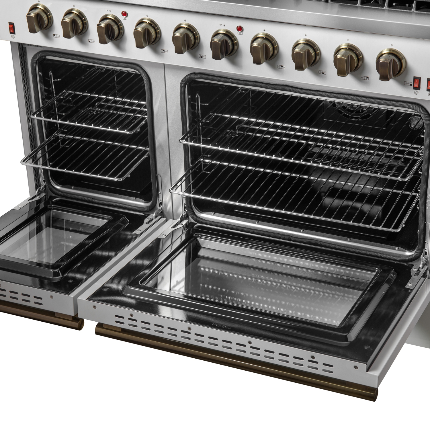 FORNO Galiano 48-inch Gas Range White & Antique Brass Design, 8 Burners, 107,000 BTU, Griddle, 6.58 cu.ft. Double Ovens