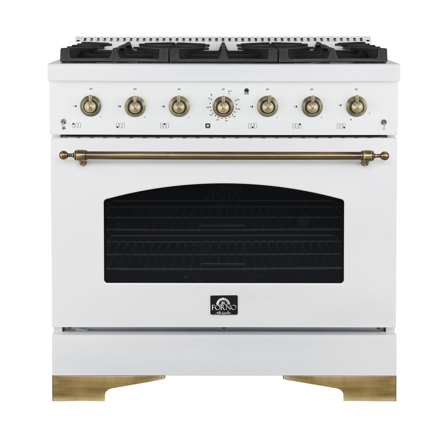 Forno Antico 36-Inch Freestanding Gas Range, White, Antique Brass Design, 6 Burners, Convection Oven, Energy Efficient