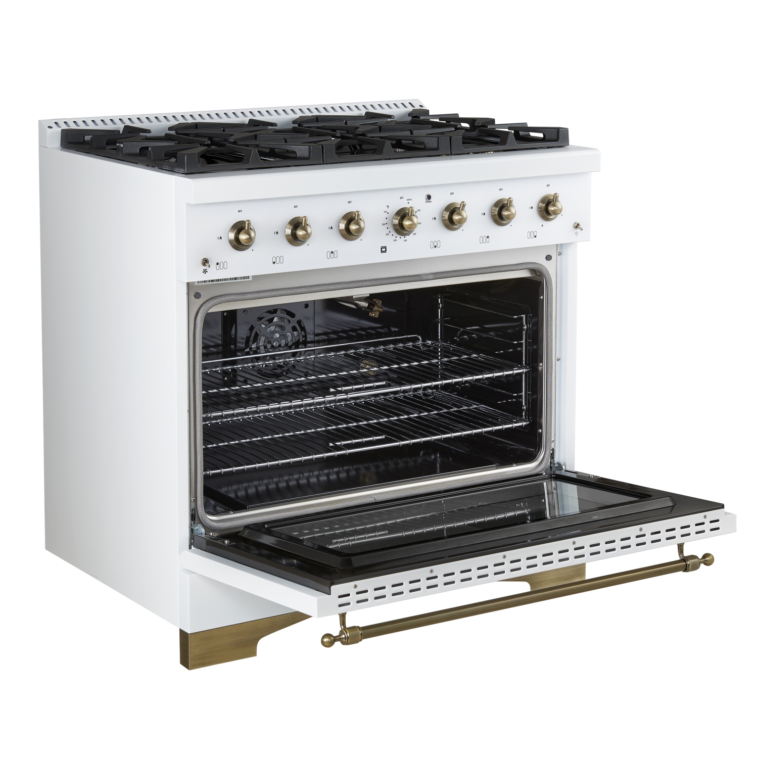 Forno Antico 36-Inch Freestanding Gas Range, White, Antique Brass Design, 6 Burners, Convection Oven, Energy Efficient