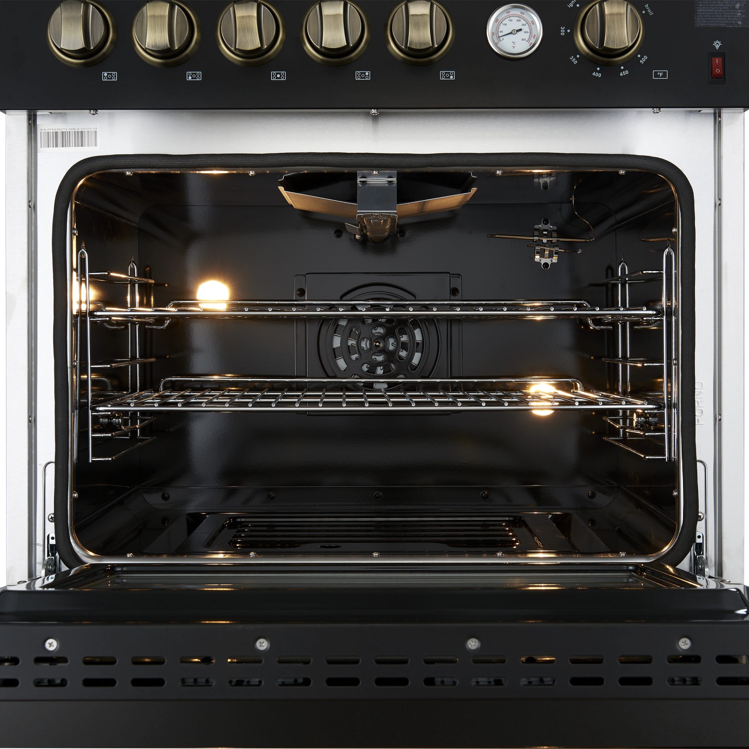Giovanni 30-inch Gas Range Black & Antique Brass Design, 5 Burners 67,000 BTU, 4.32 cu.ft. Convection Oven