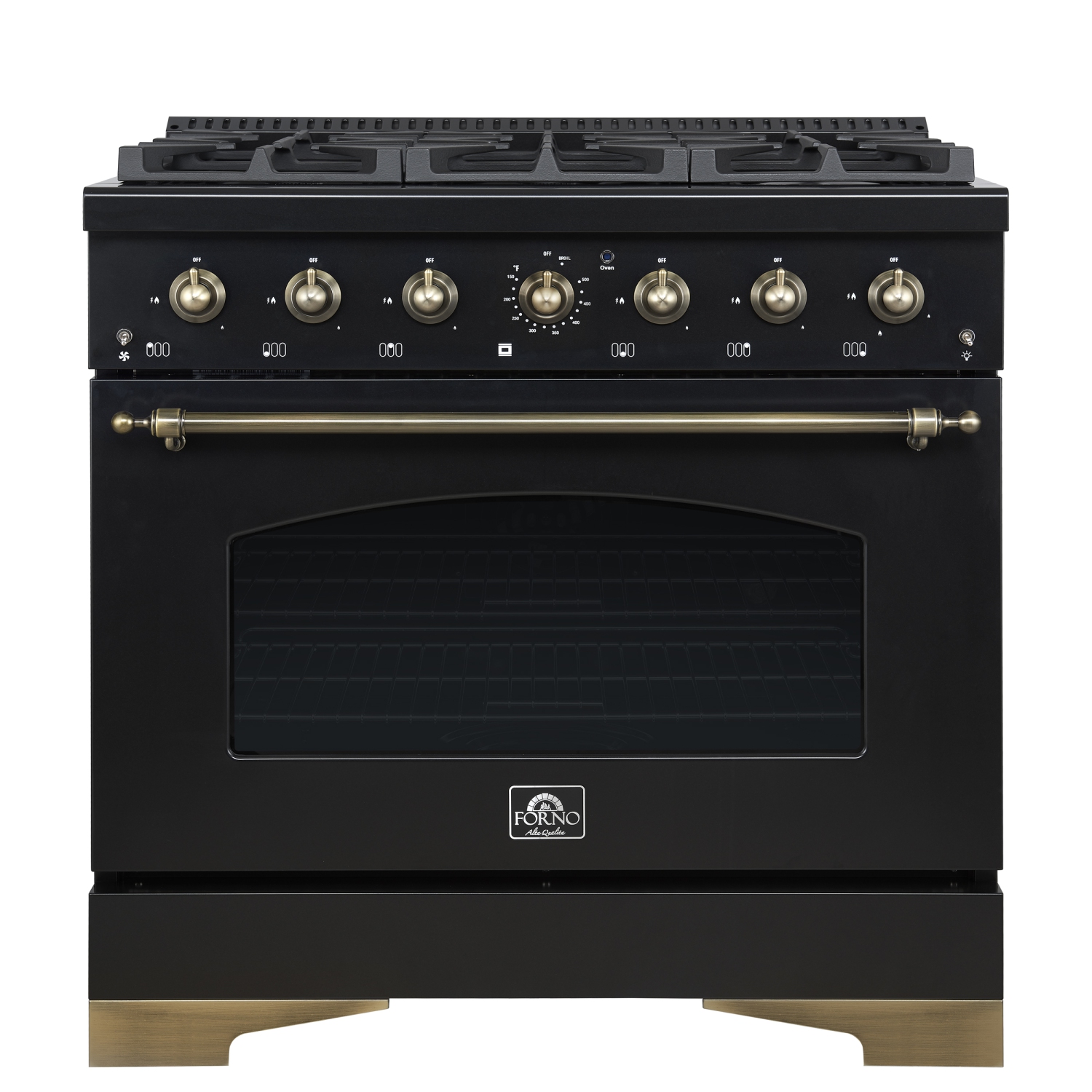 Forno Antico 36-Inch Freestanding Gas Range, Black, Antique Brass Design, 6 Burners, Convection Oven, Energy Efficient