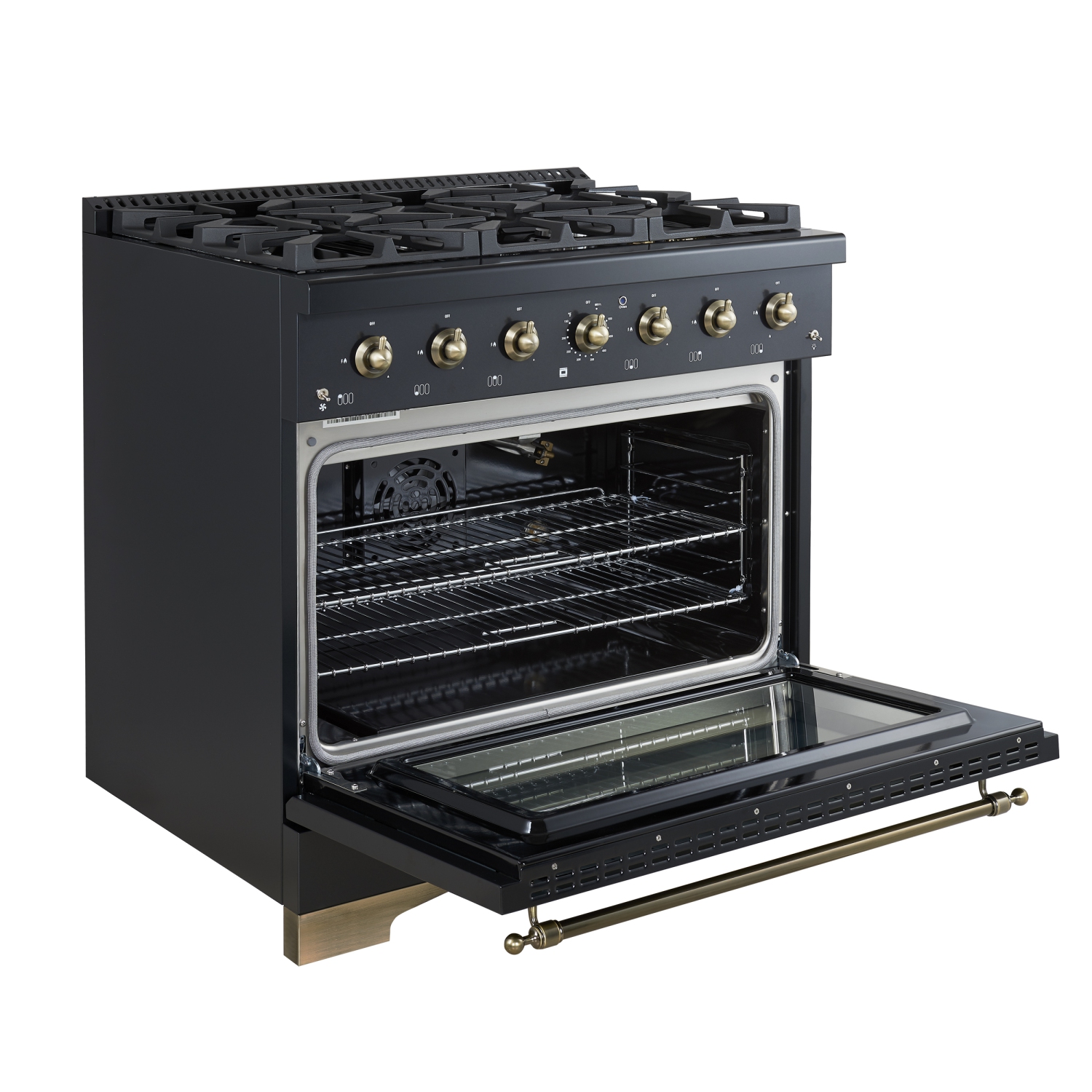 Forno Antico 36-Inch Freestanding Gas Range, Black, Antique Brass Design, 6 Burners, Convection Oven, Energy Efficient