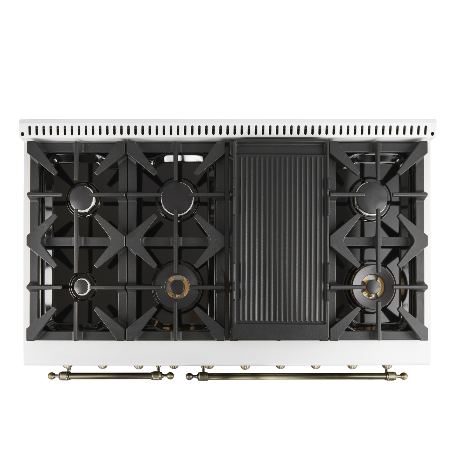 Forno Antico 48-Inch Freestanding Gas Range, White, Antique Brass Design, 8 Burners, Griddle, Double Ovens, Energy Efficient