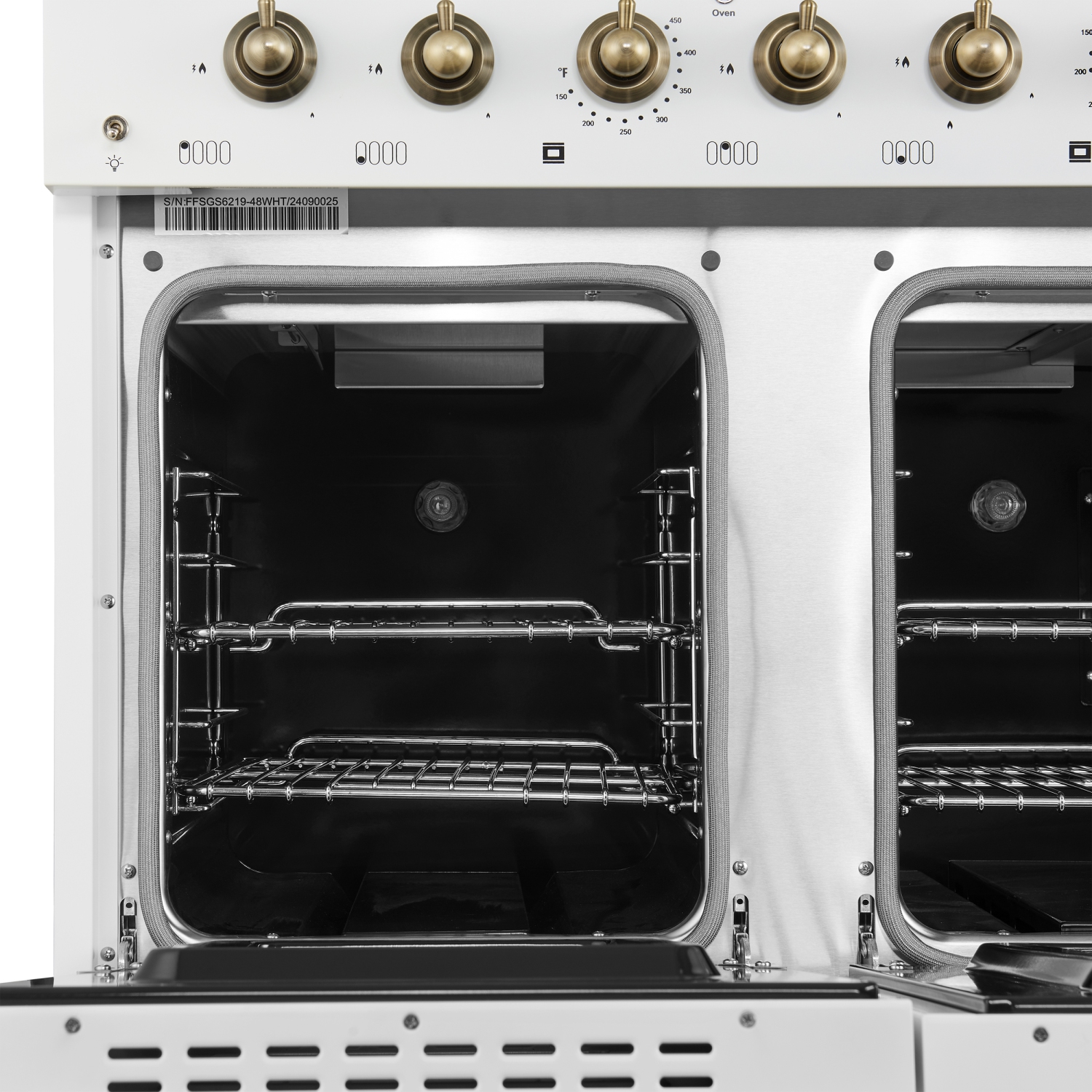 Forno Antico 48-Inch Freestanding Gas Range, White, Antique Brass Design, 8 Burners, Griddle, Double Ovens, Energy Efficient