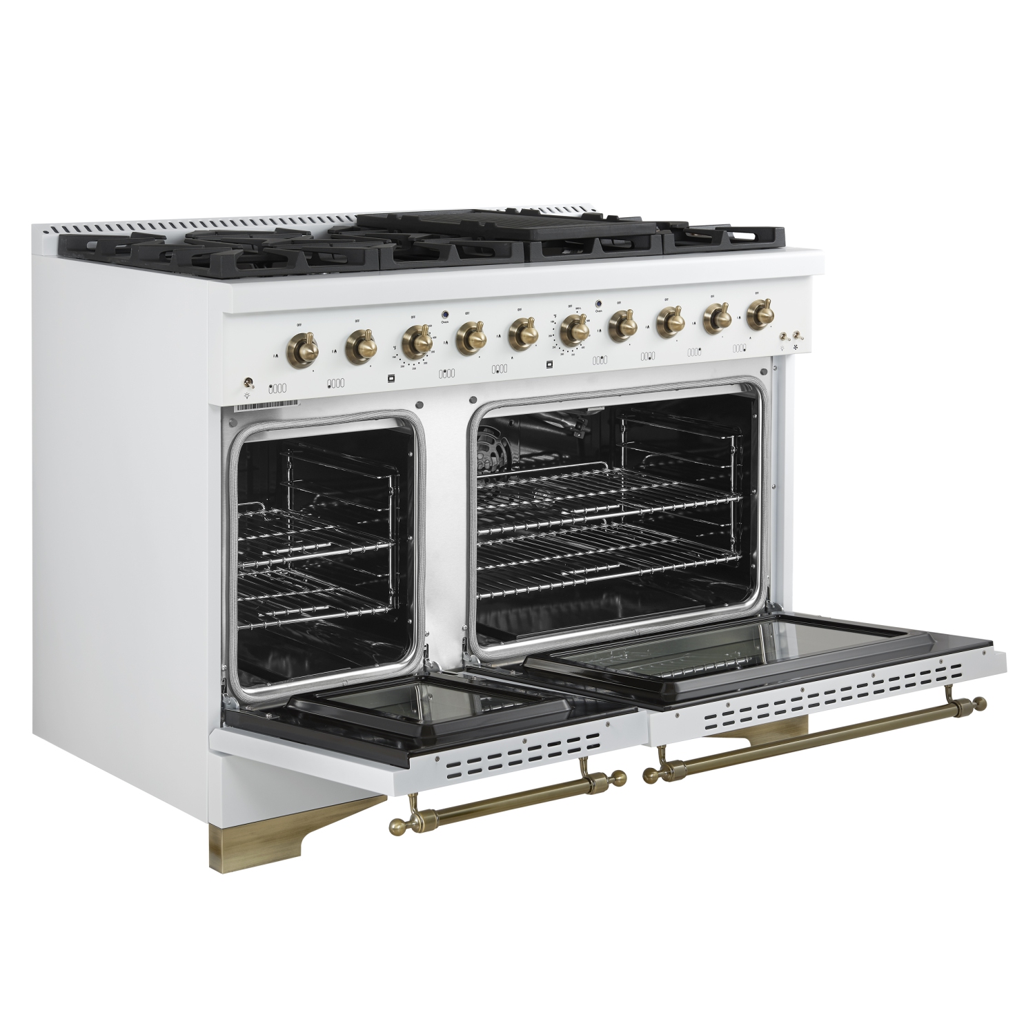 Forno Antico 48-Inch Freestanding Gas Range, White, Antique Brass Design, 8 Burners, Griddle, Double Ovens, Energy Efficient