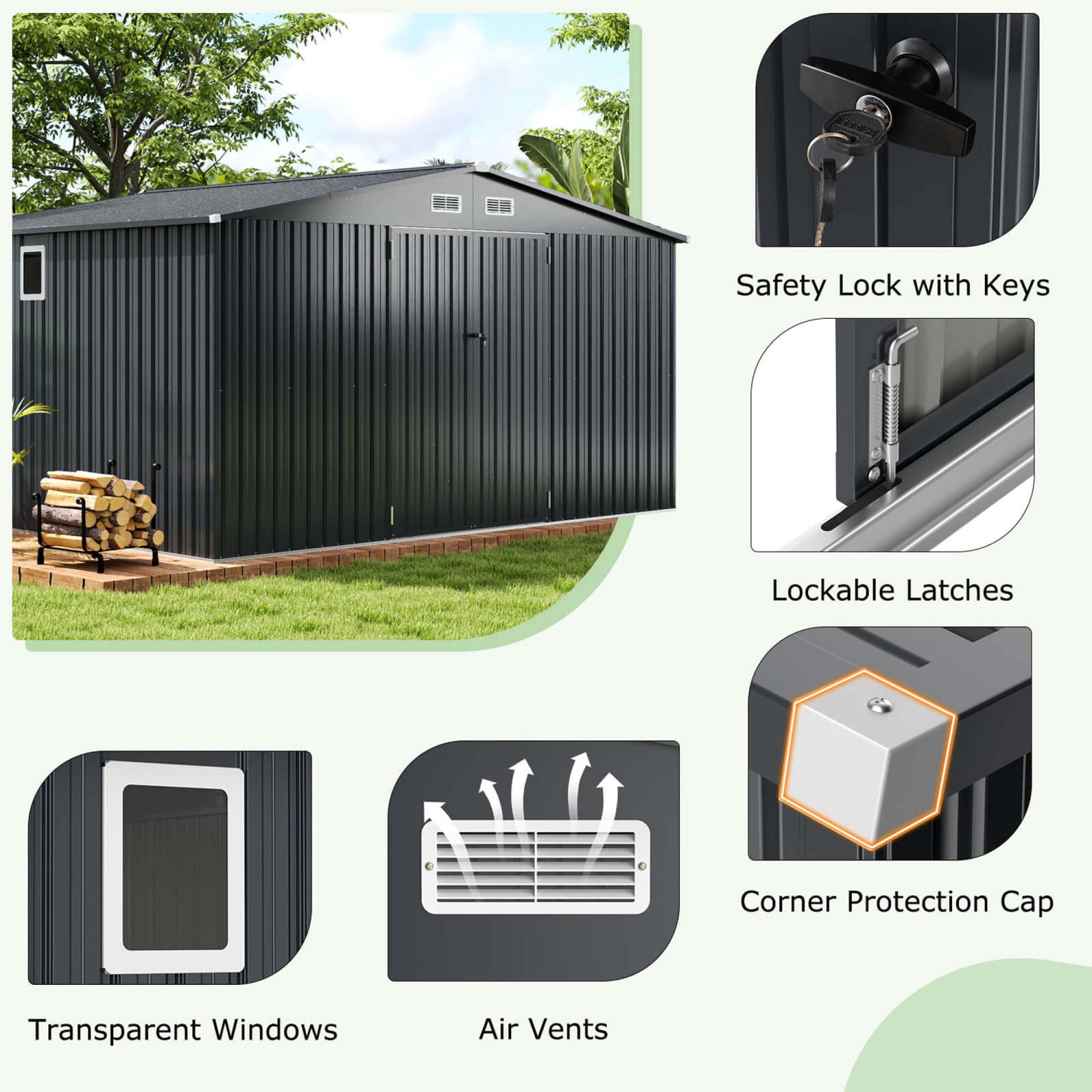 Costway 12 x 9.8 FT Outdoor Storage Shed All-Weather & Rustproof Galvanized Metal