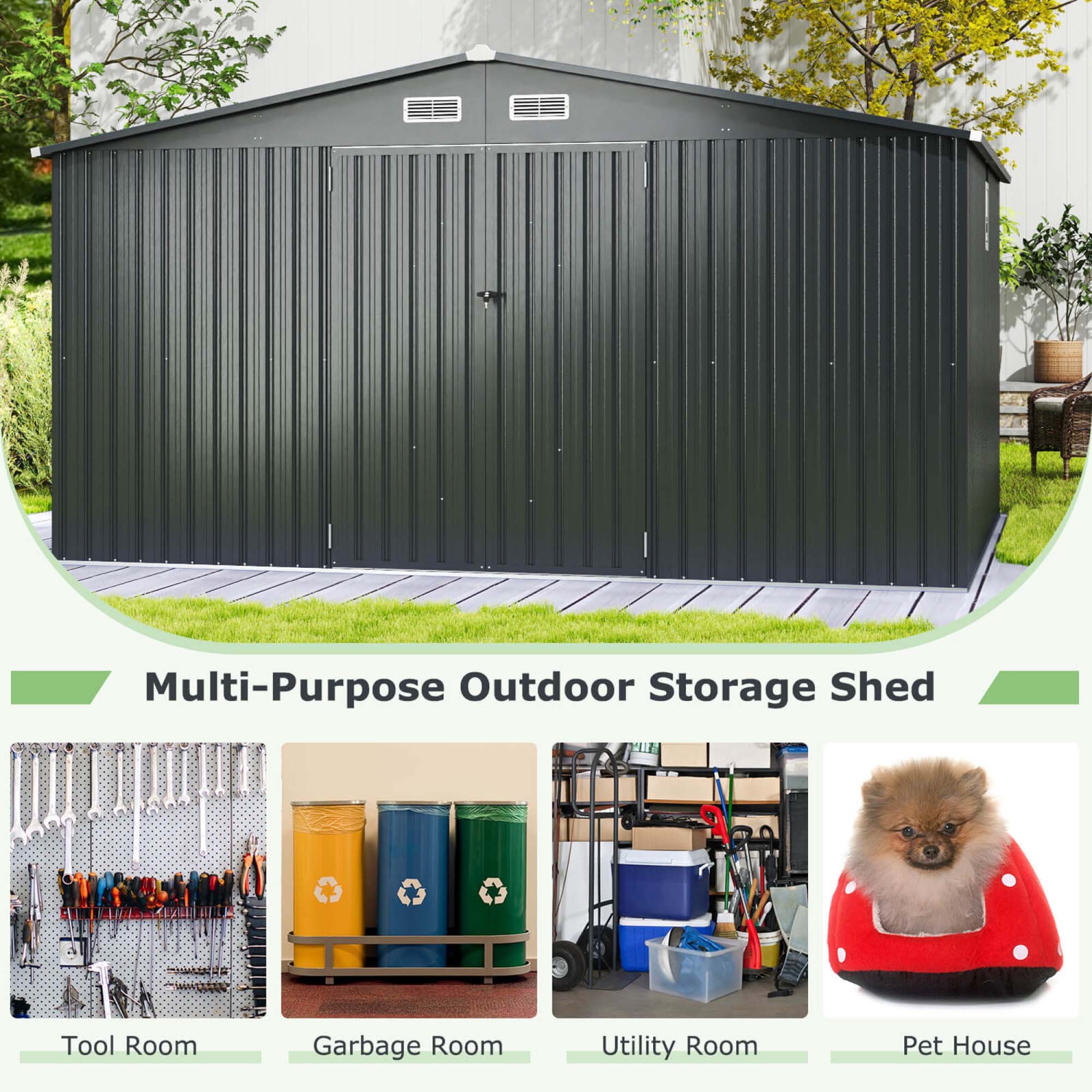 Costway 12 x 9.8 FT Outdoor Storage Shed All-Weather & Rustproof Galvanized Metal