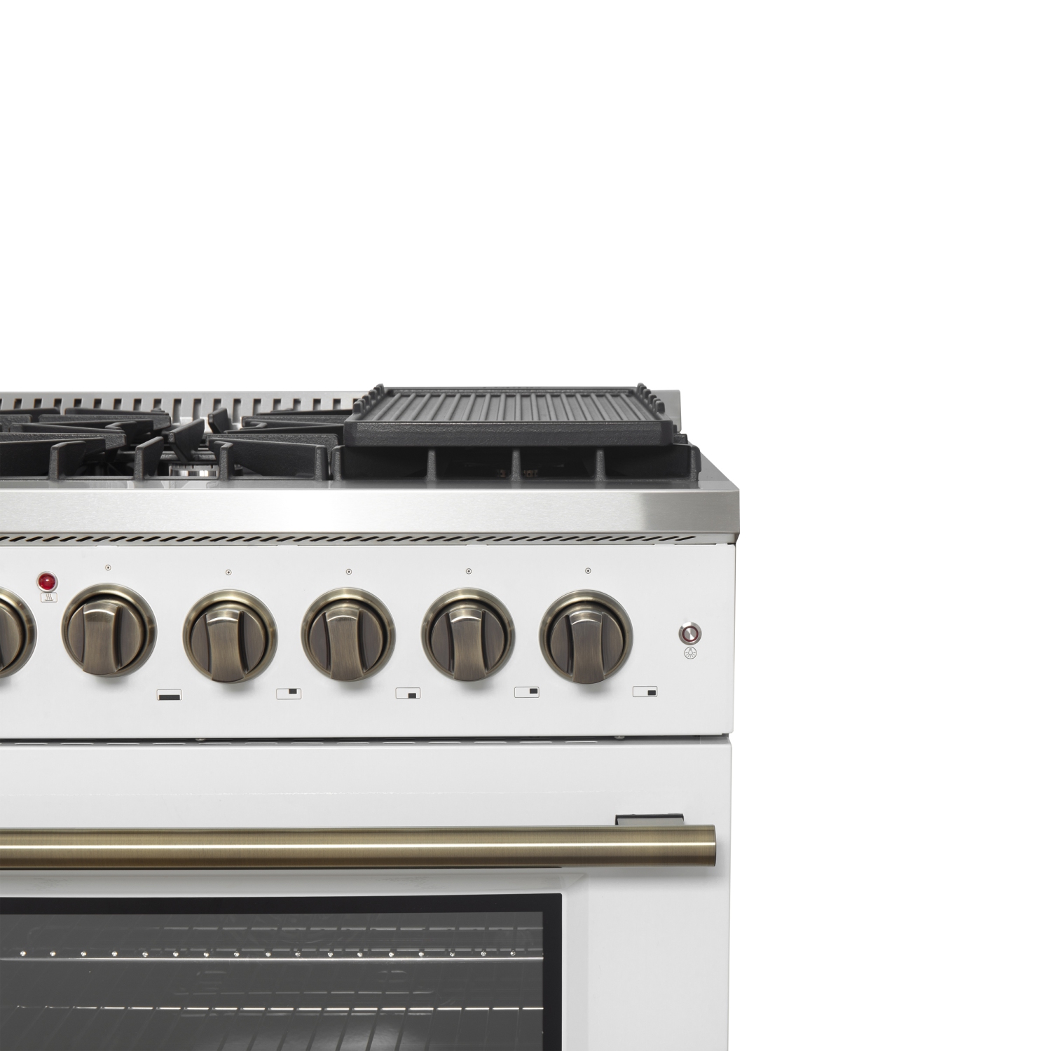 Forno Galiano – Cuisinière biénergie à deux portes de 48&nbsp;po, fini blanc et laiton antique, 8 brûleurs scellés – 107&nbsp;000&nbsp;BTU, plaque