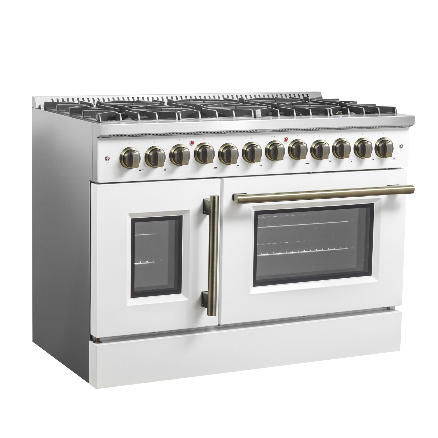 Forno Galiano – Cuisinière biénergie à deux portes de 48&nbsp;po, fini blanc et laiton antique, 8 brûleurs scellés – 107&nbsp;000&nbsp;BTU, plaque