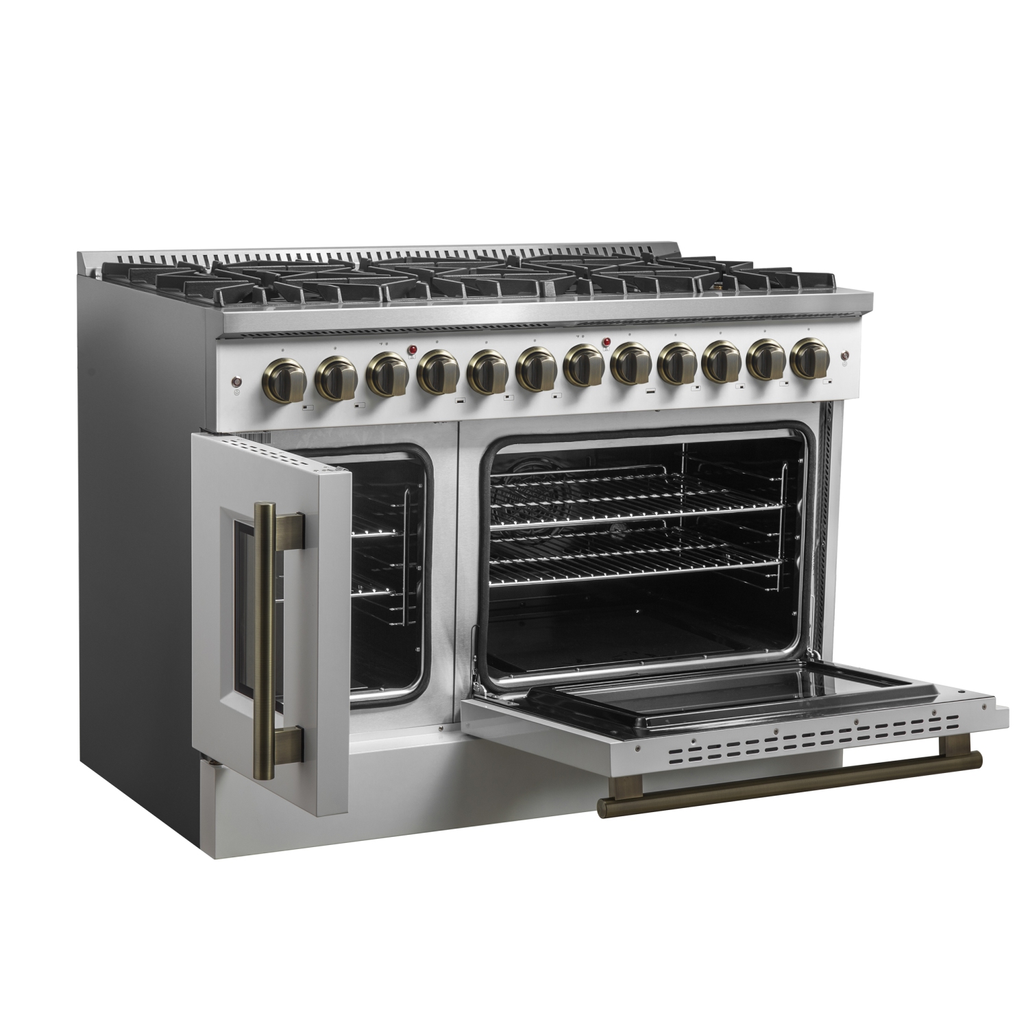 Forno Galiano – Cuisinière biénergie à deux portes de 48&nbsp;po, fini blanc et laiton antique, 8 brûleurs scellés – 107&nbsp;000&nbsp;BTU, plaque