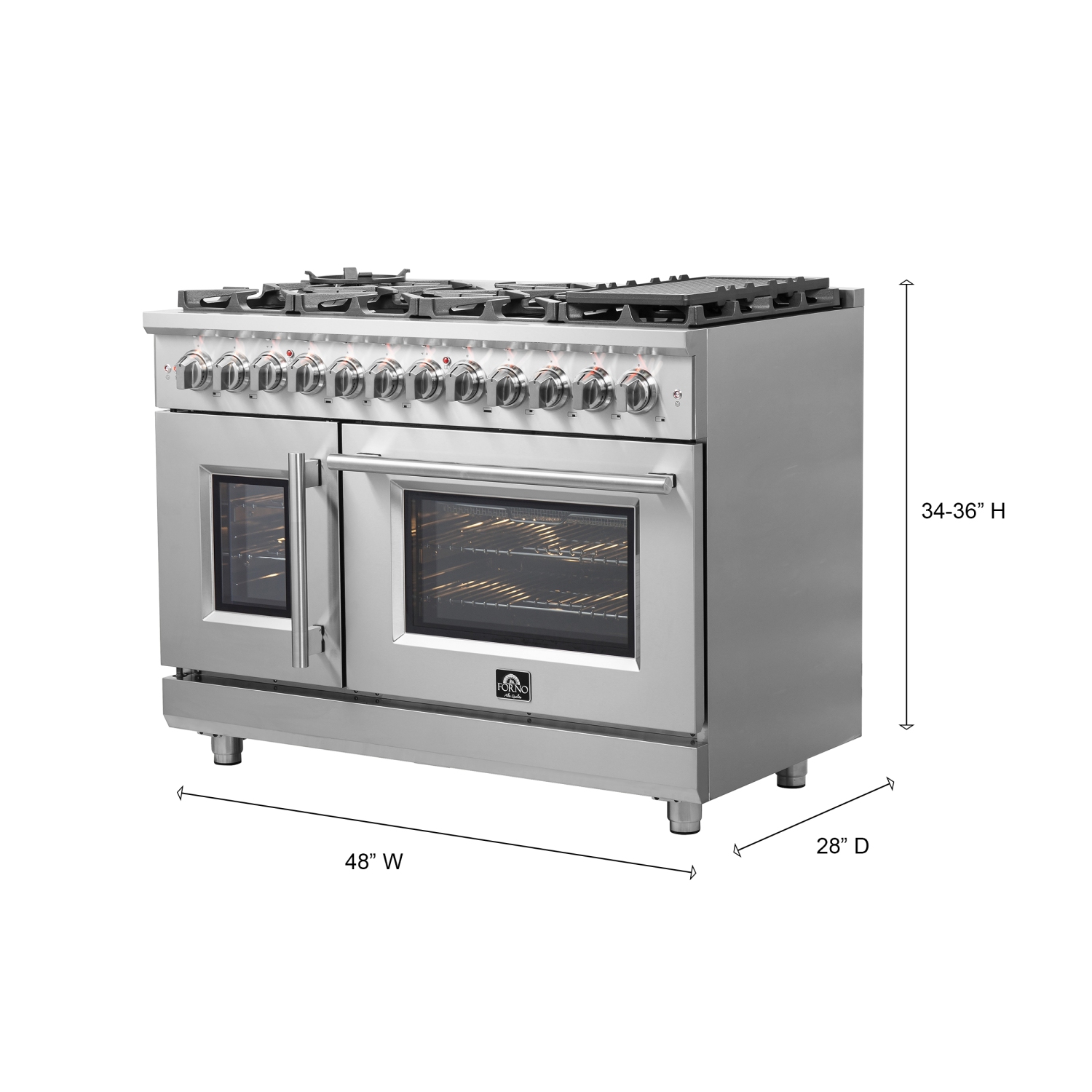 Forno Massimo – Cuisinière biénergie à deux portes de 48&nbsp;po, 8 brûleurs, four à convection véritable