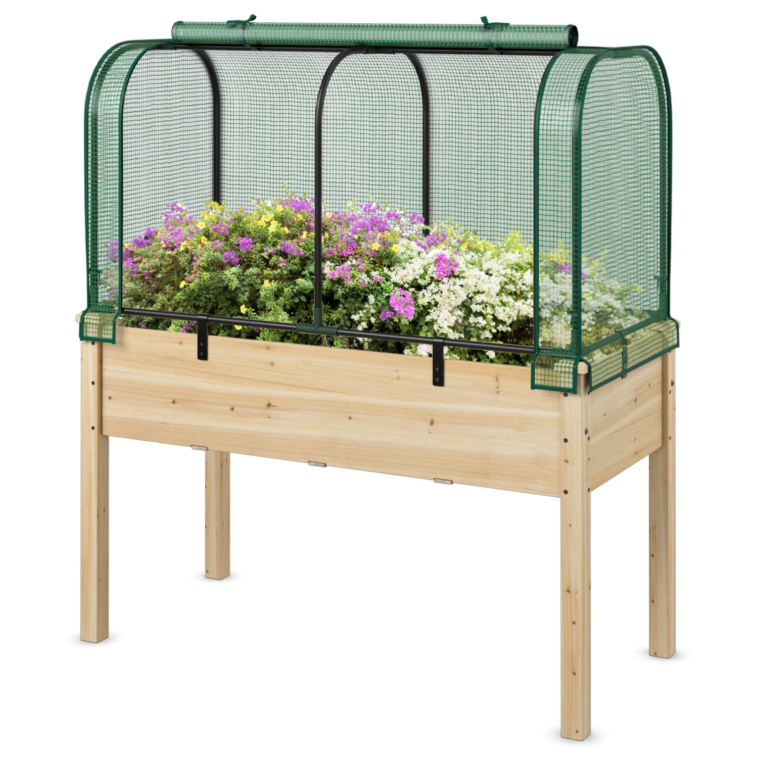 Lit de jardin surélevé en bois avec serre de Costway – Mini ensemble de serre portatif vert/blanc + gris/beige