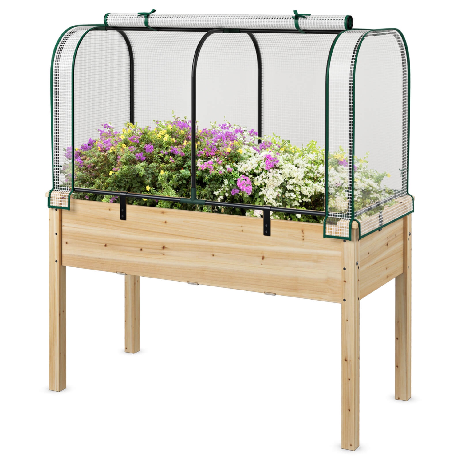 Lit de jardin surélevé en bois avec serre de Costway – Mini ensemble de serre portatif vert/blanc + gris/beige
