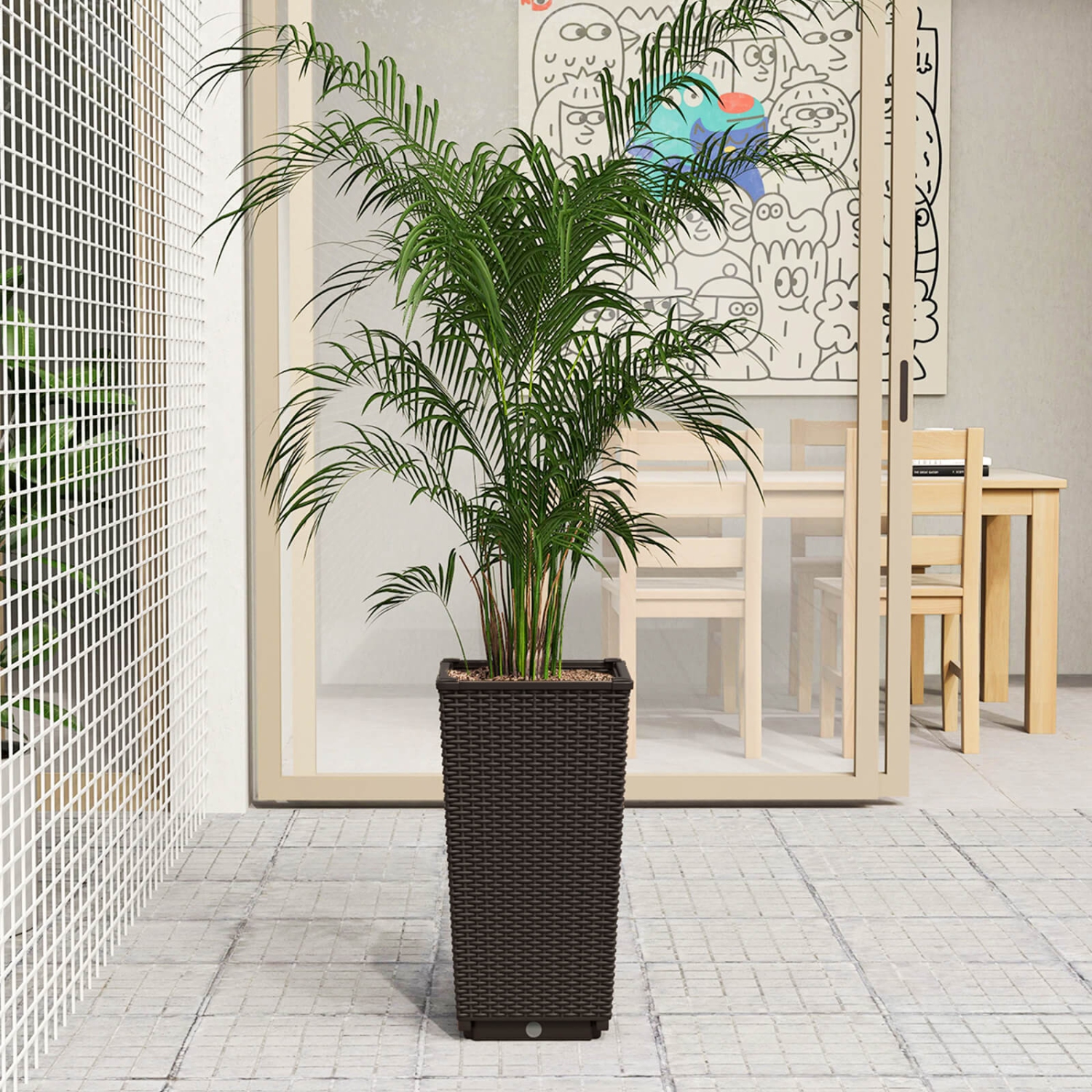 Costway 23" Tall Planters Set of 2 Rattan Wicker Plant Pot Self-watering Tree Pot Black/Brown