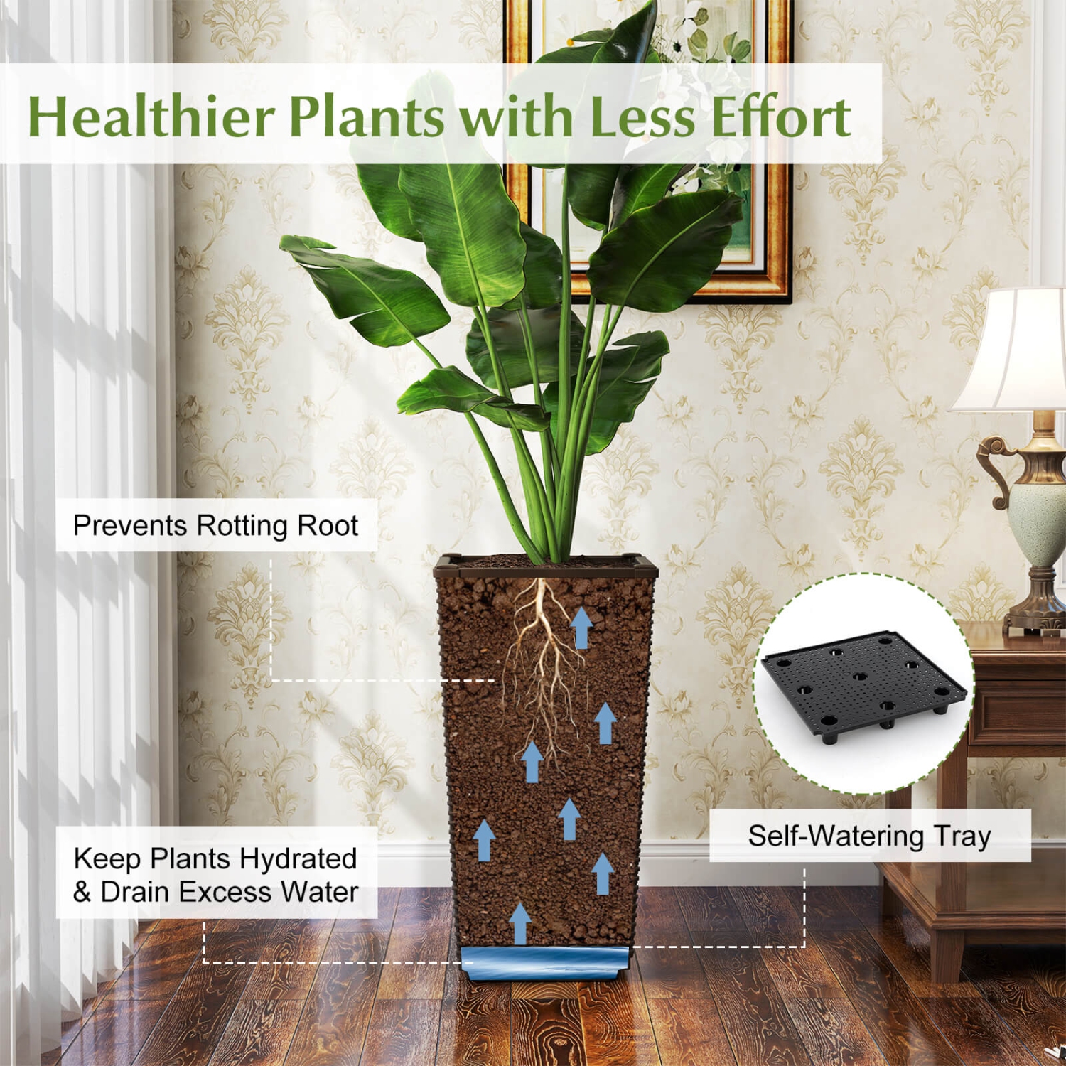Costway 23" Tall Planters Set of 2 Rattan Wicker Plant Pot Self-watering Tree Pot Black/Brown