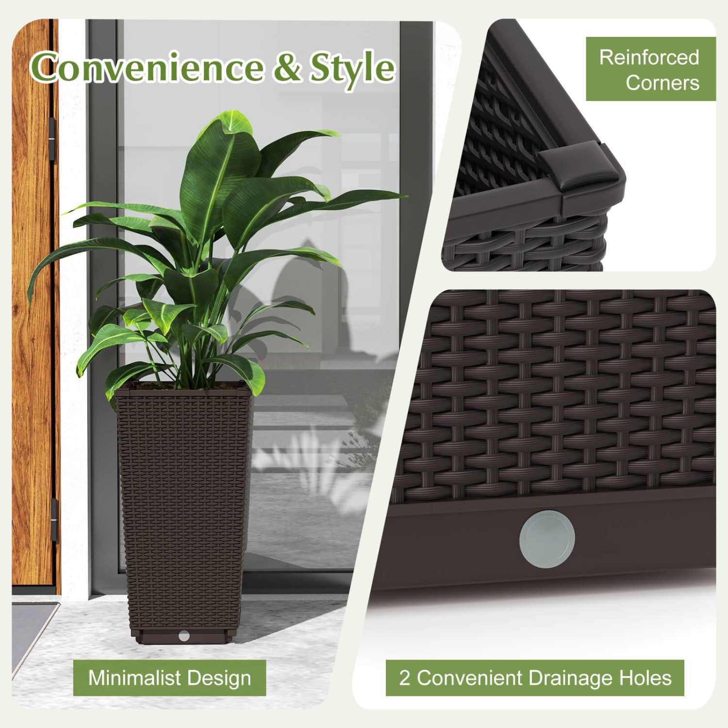Costway 23" Tall Planters Set of 2 Rattan Wicker Plant Pot Self-watering Tree Pot Black/Brown