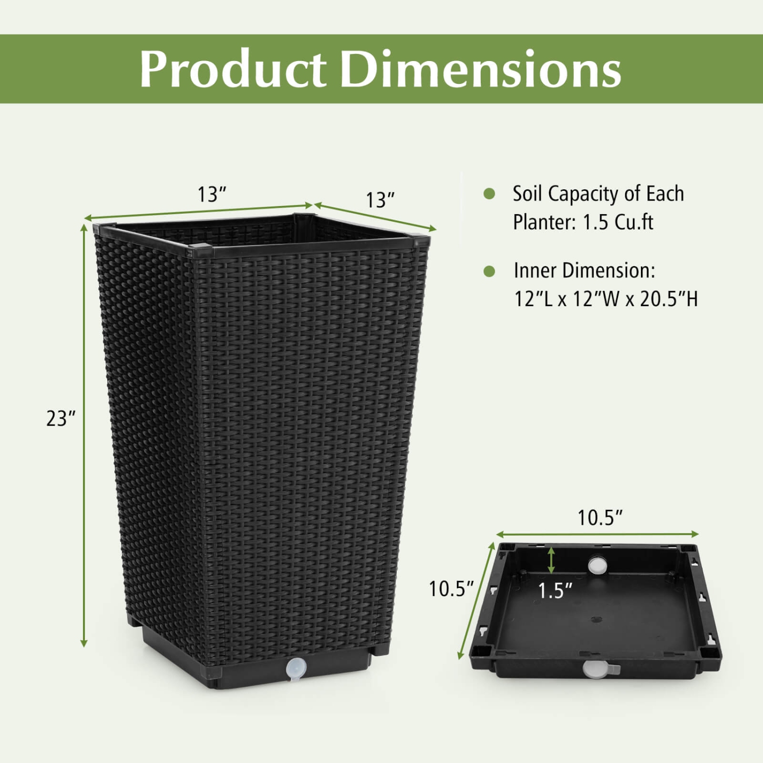 Costway 23" Tall Planters Set of 2 Rattan Wicker Plant Pot Self-watering Tree Pot Black/Brown