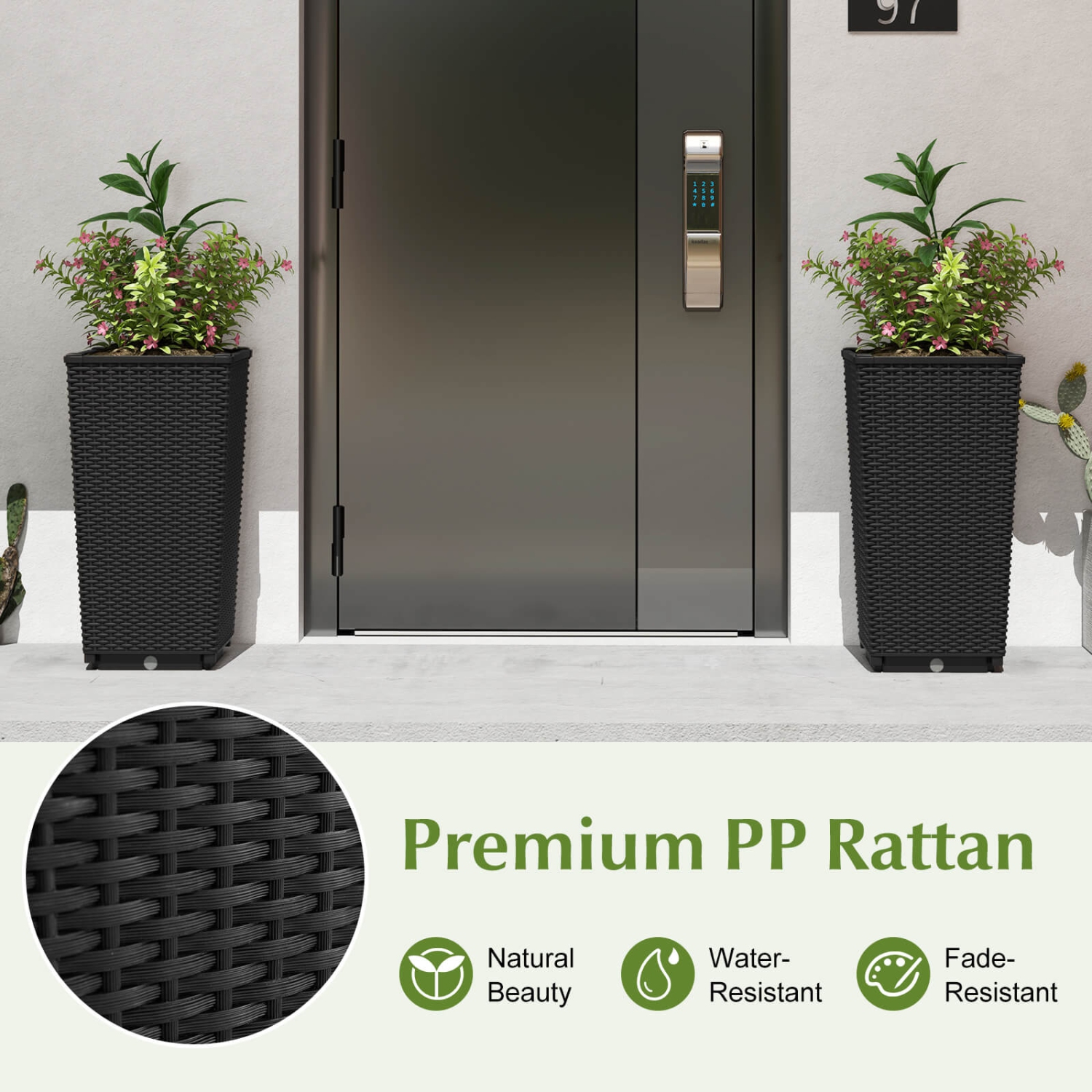 Costway 23" Tall Planters Set of 2 Rattan Wicker Plant Pot Self-watering Tree Pot Black/Brown