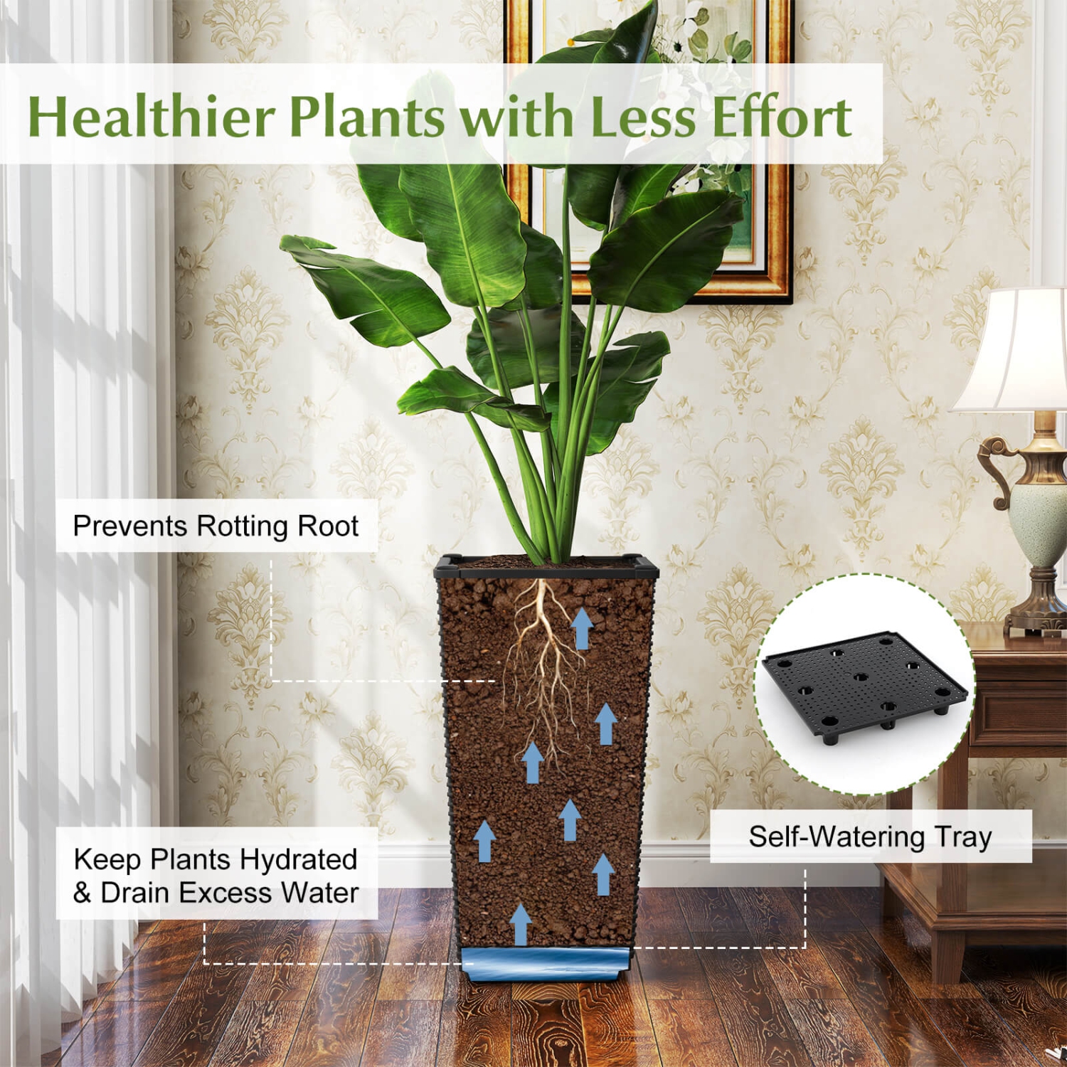 Costway 23" Tall Planters Set of 2 Rattan Wicker Plant Pot Self-watering Tree Pot Black/Brown