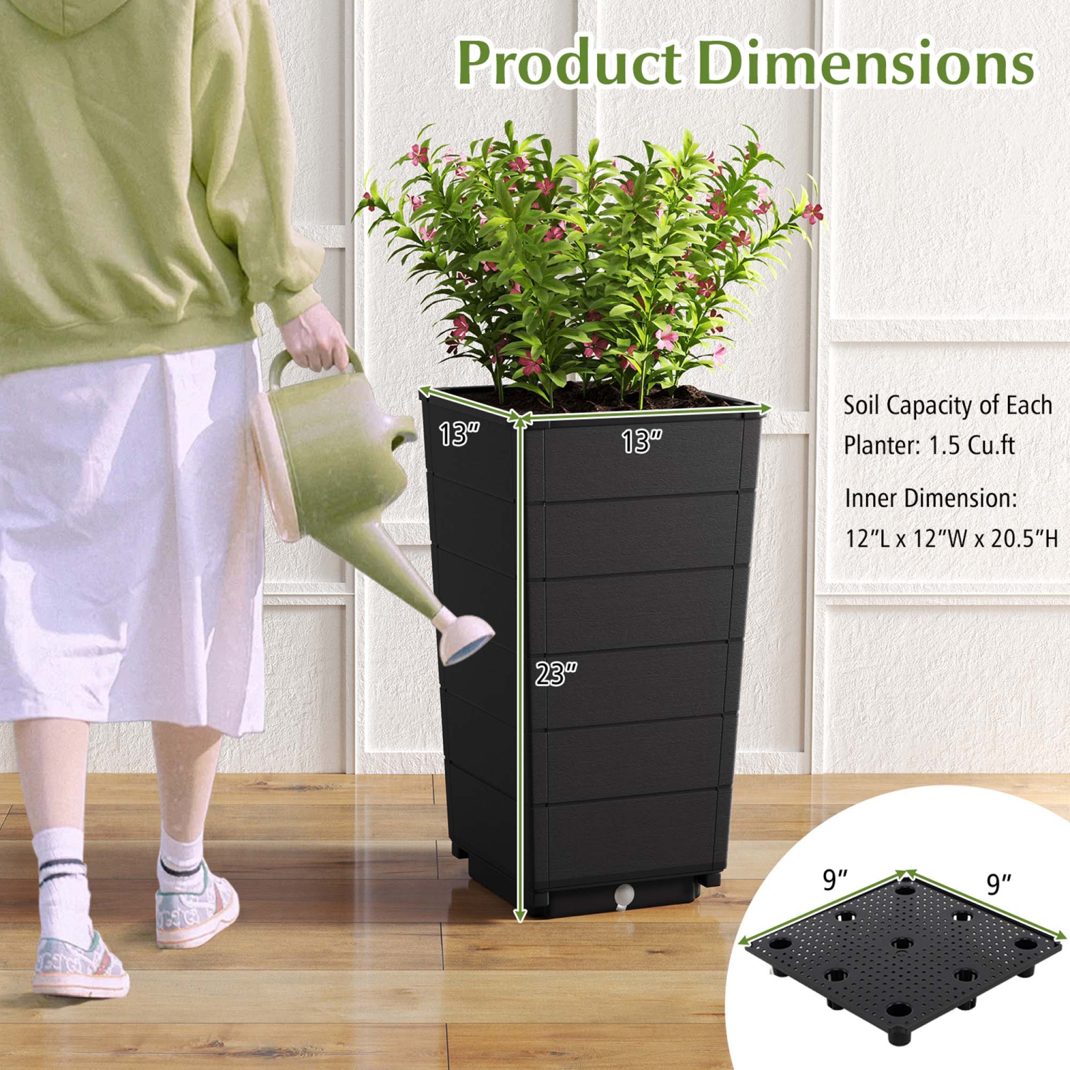 Costway 23" Tall Planter Set of 2 for Indoor/ Outdoor Use Large Self-Watering Plant Pot Black/Brown