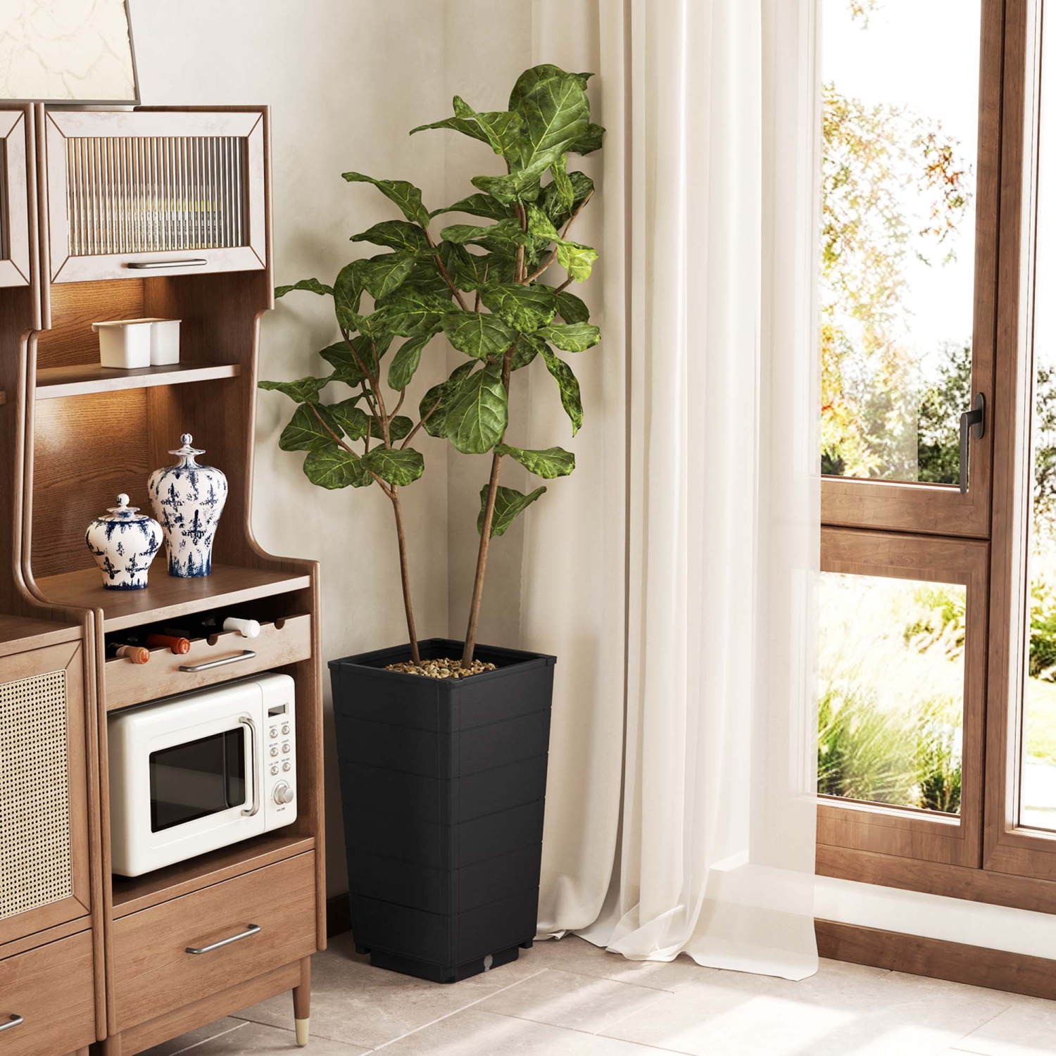 Costway 23" Tall Planter Set of 2 for Indoor/ Outdoor Use Large Self-Watering Plant Pot Black/Brown