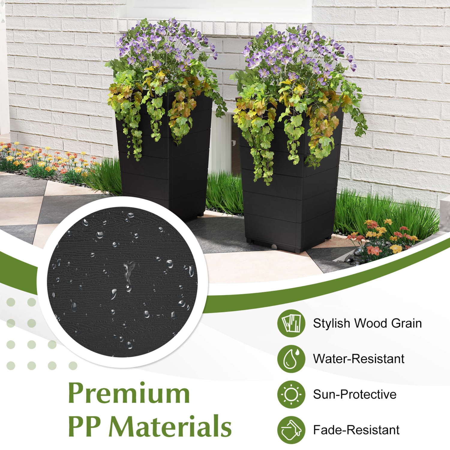 Costway 23" Tall Planter Set of 2 for Indoor/ Outdoor Use Large Self-Watering Plant Pot Black/Brown