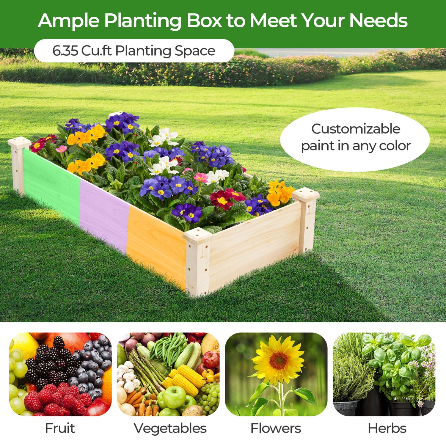 Costway Raised Garden Bed Fir Wood Wooden Square Wood Planter Box for Flower Outdoor