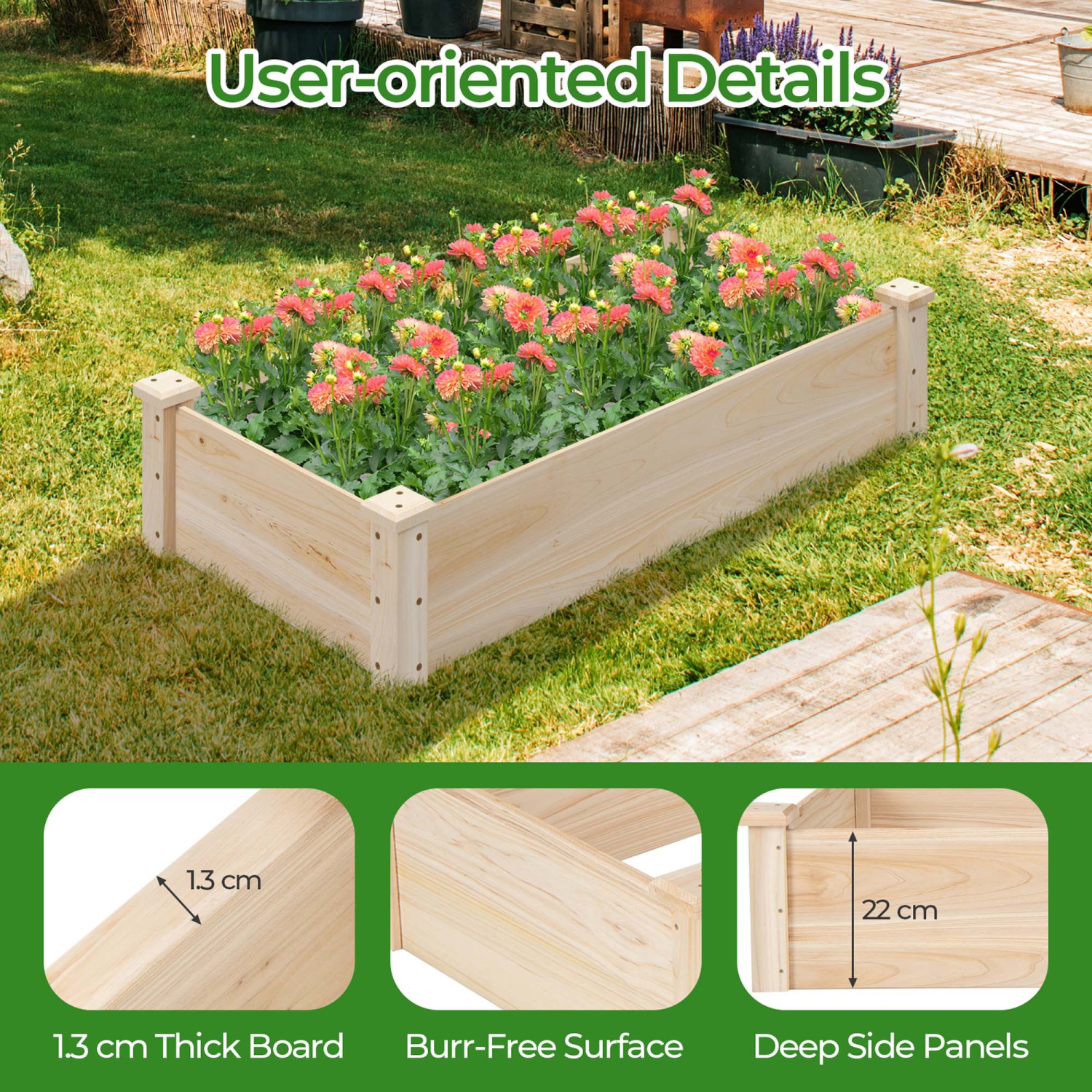 Costway Raised Garden Bed Fir Wood Wooden Square Wood Planter Box for Flower Outdoor