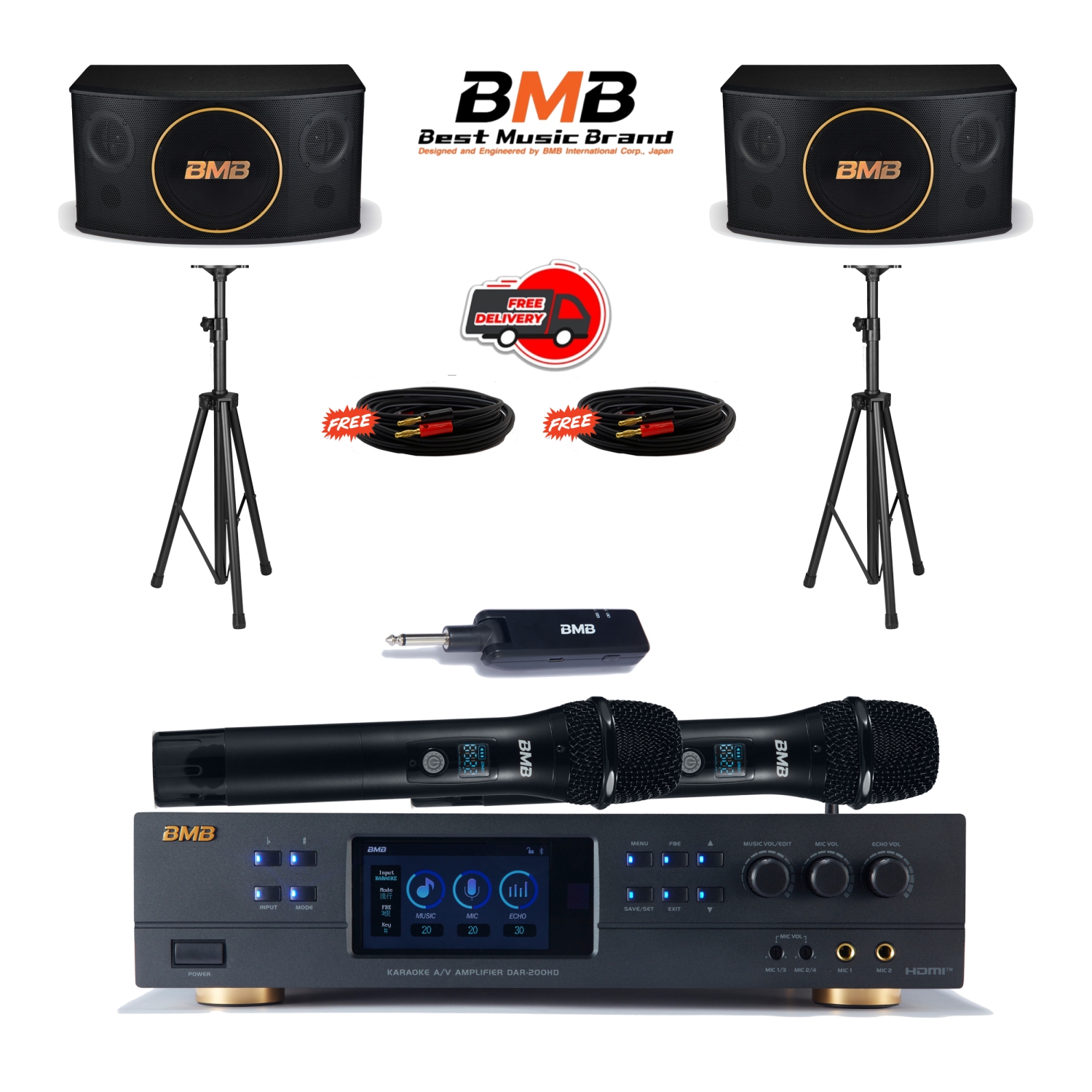 BMB DAR-200HD 4K HDMI ARC Optical Bluetooth Karaoke Amplifier, WH-210 UHF Wireless Microphones, CSJ-10 10" Karaoke Speakers, and Tripod Speaker