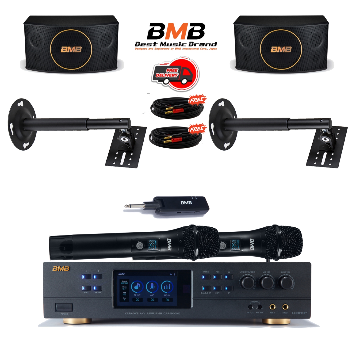 NEW BMB DAR-200HD 4K HDMI ARC Optical Bluetooth Karaoke Amplifier, WH-210 UHF Wireless Microphones, CSJ-10 10" Karaoke Speakers, and Wall Mounts
