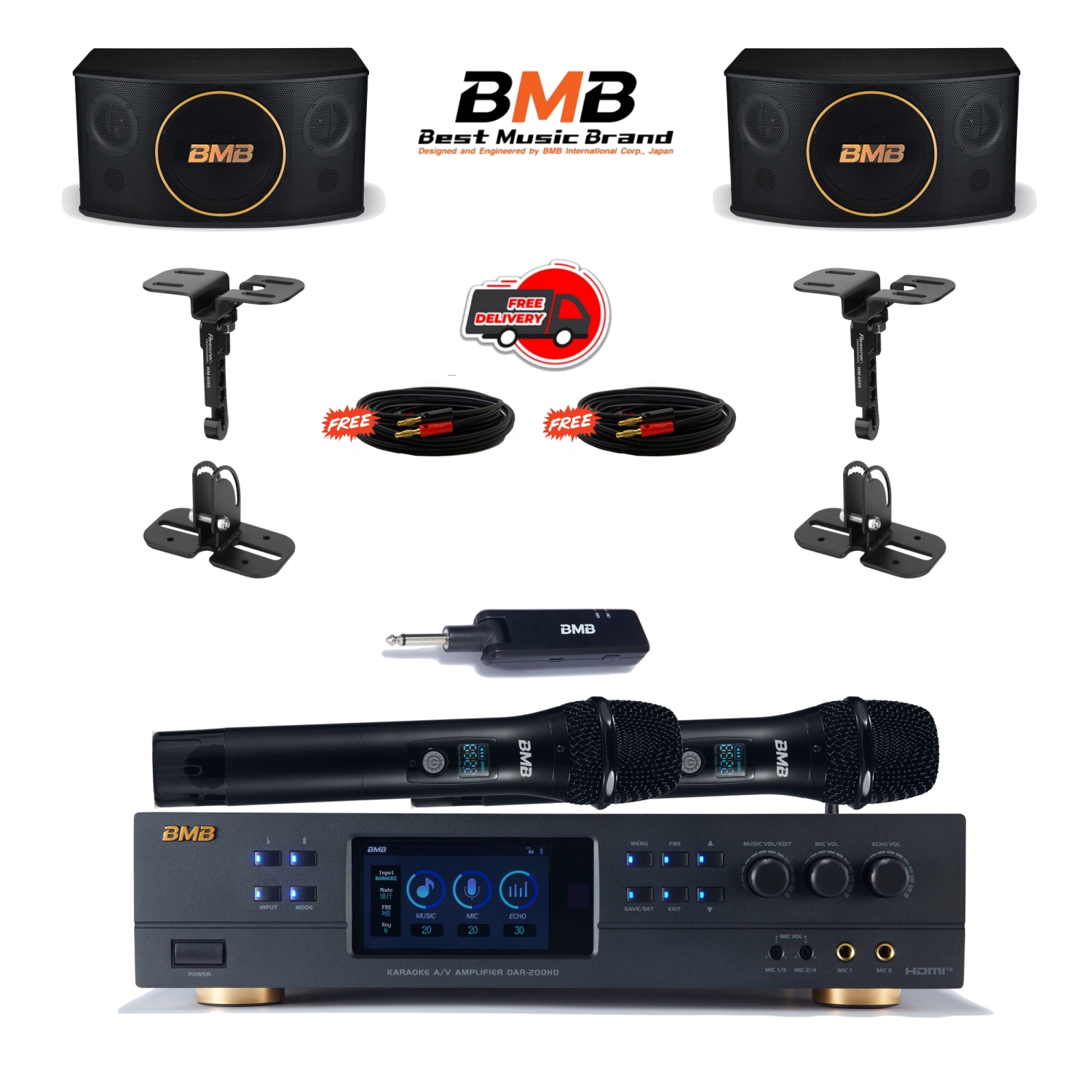 NEW BMB DAR-200HD 4K HDMI ARC Optical Bluetooth Karaoke Amplifier, WH-210 UHF Wireless Microphones, CSJ-10 10" Karaoke Speakers, and Ceiling Mounts