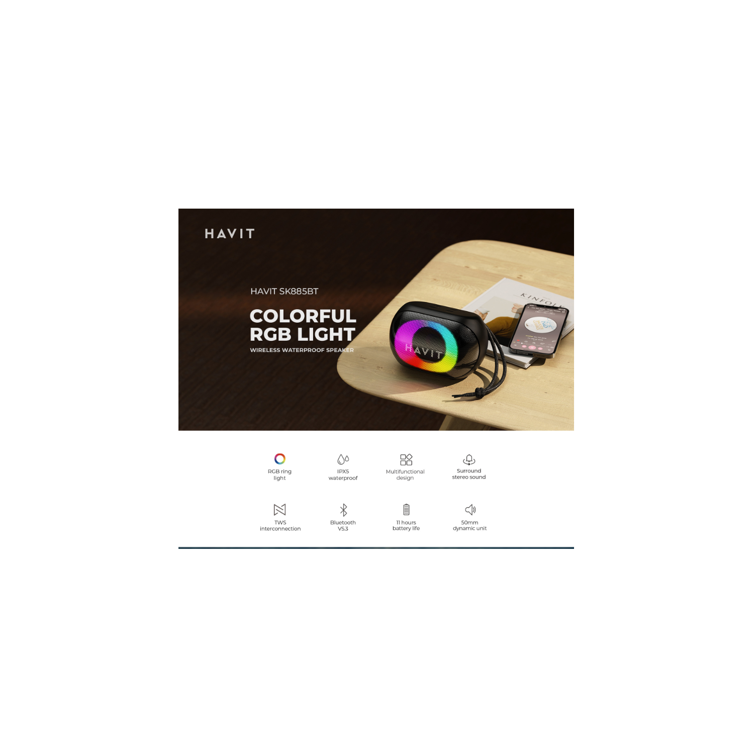 Haut-parleur portatif sans fil Bluetooth v5.3 avec éclairage RVB coloré SK885BT de Havit_Noir