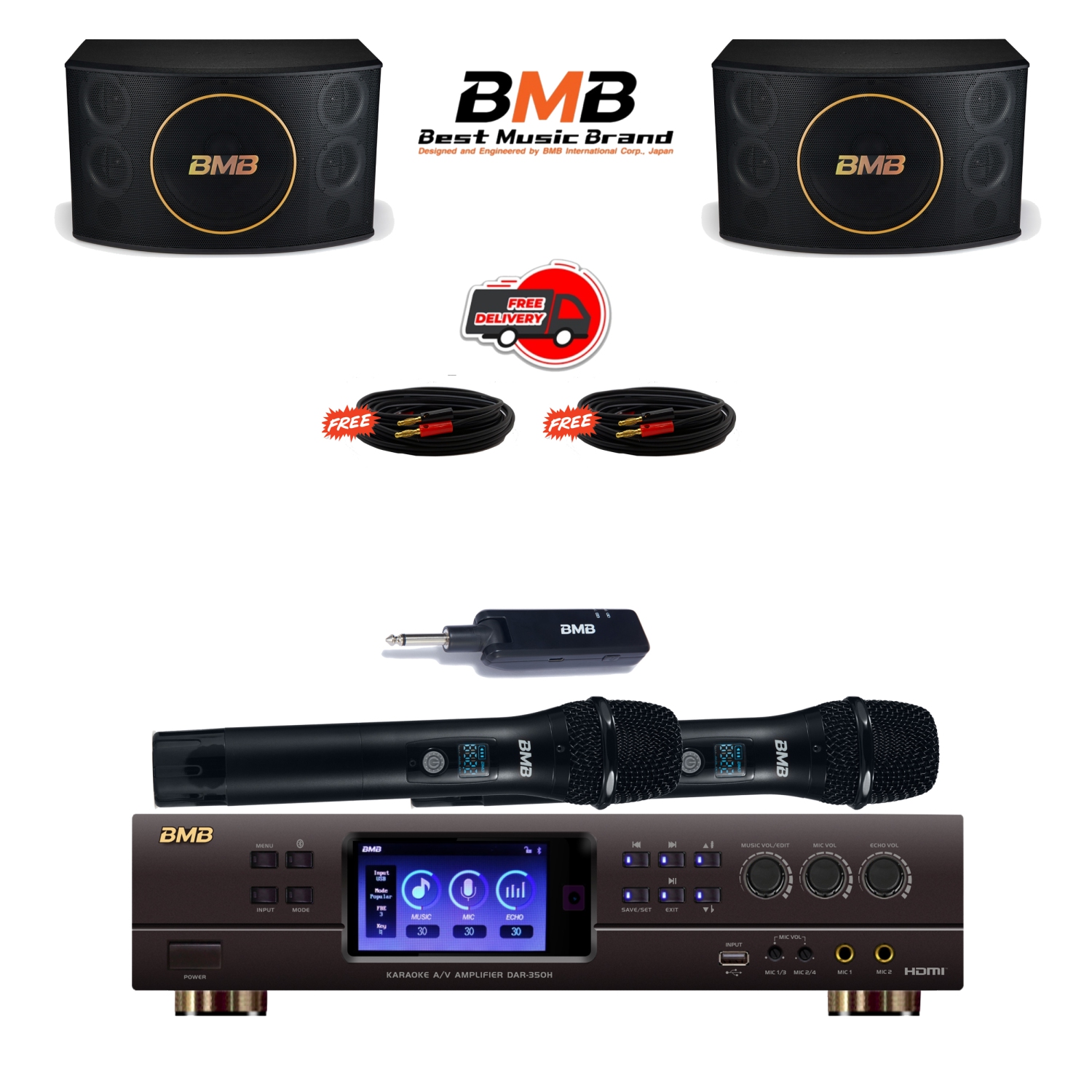 NEW BMB DAR-350H 4K HDMI ARC Optical Bluetooth Karaoke Amplifier, WH-210 UHF Wireless Microphones, CSJ-12 12" Karaoke Speakers package