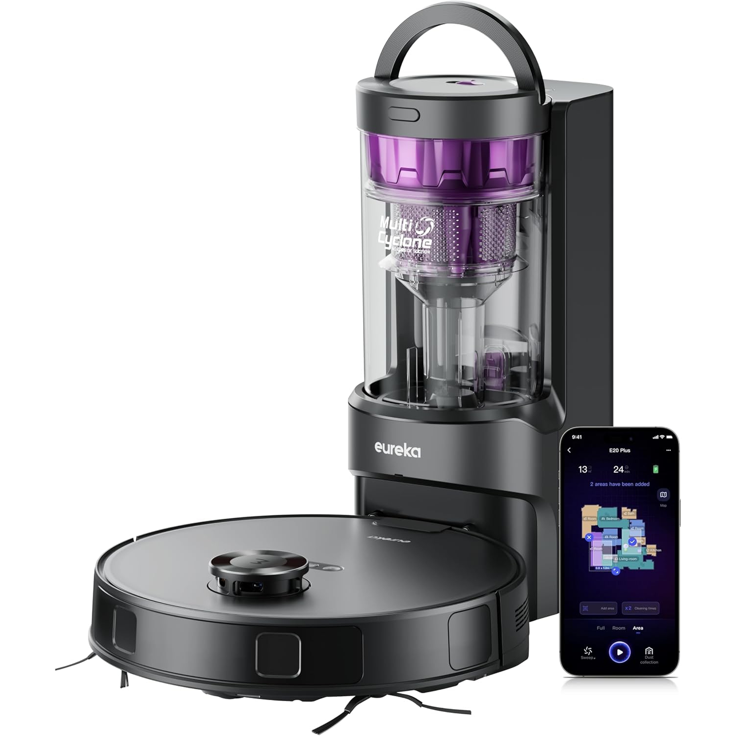 Aspirateur robot E20 Plus d'Eureka avec station de vidage automatique sans sac, aspiration 8000Pa, navigation LiDAR, commande par application,