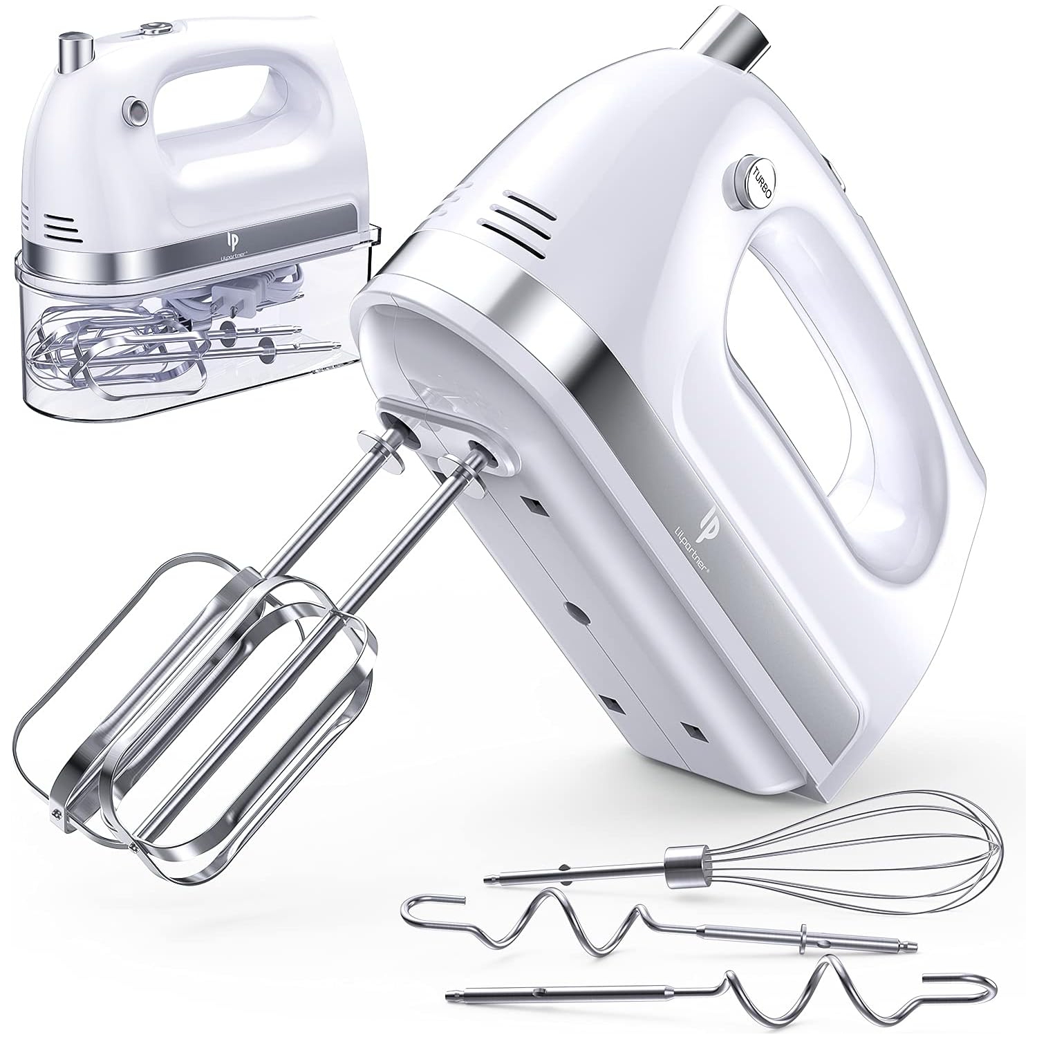 LILPARTNER 400W Hand Mixer with 5 Speed Settings, 5 Stainless Steel Attachments, Storage Box, and Turbo Button – Electric Food Mixer for Baking and