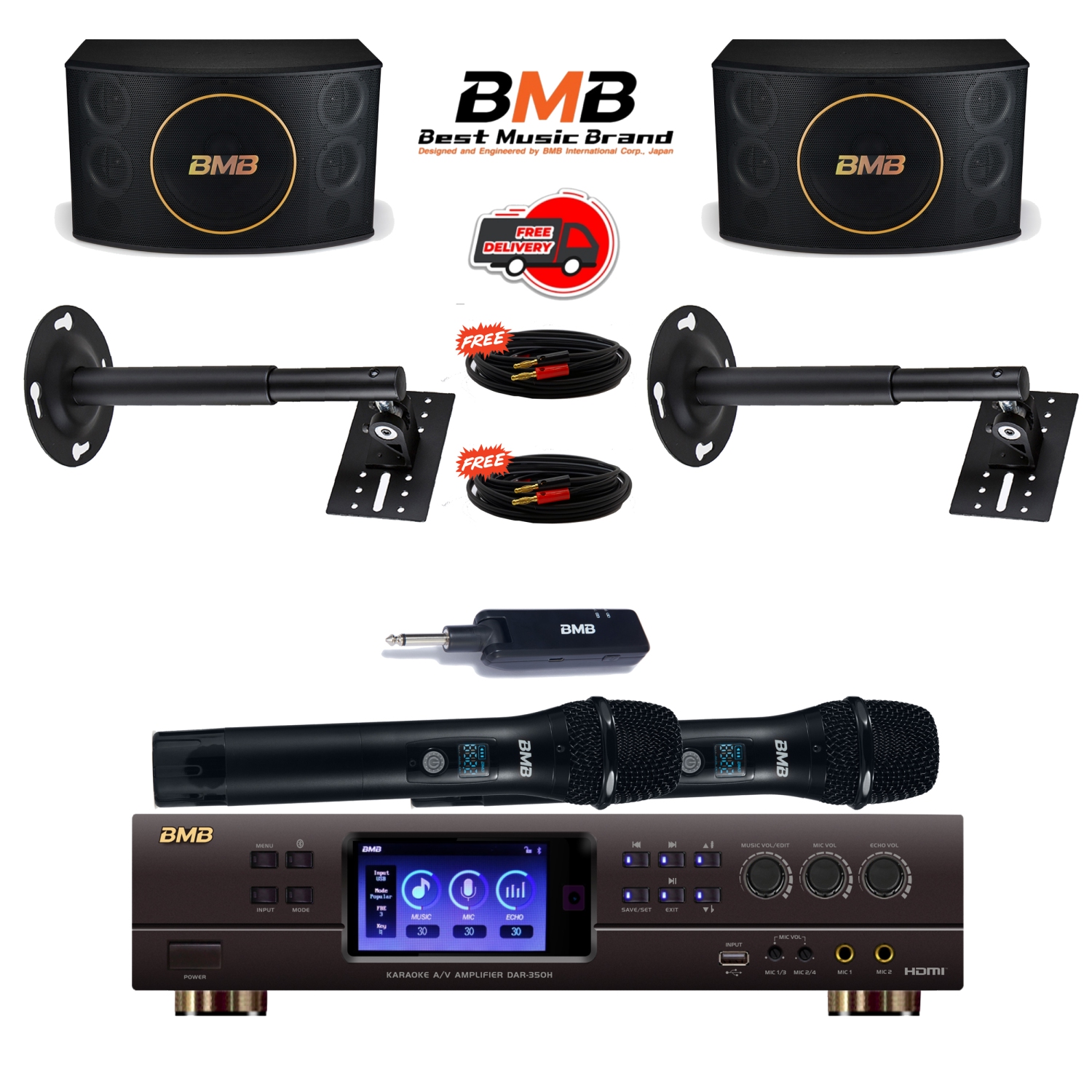 NEW BMB DAR-350H 4K HDMI ARC Optical Bluetooth Karaoke Amplifier, WH-210 UHF Wireless Microphones, CSJ-12 12" Karaoke Speakers, and Wall Mounts